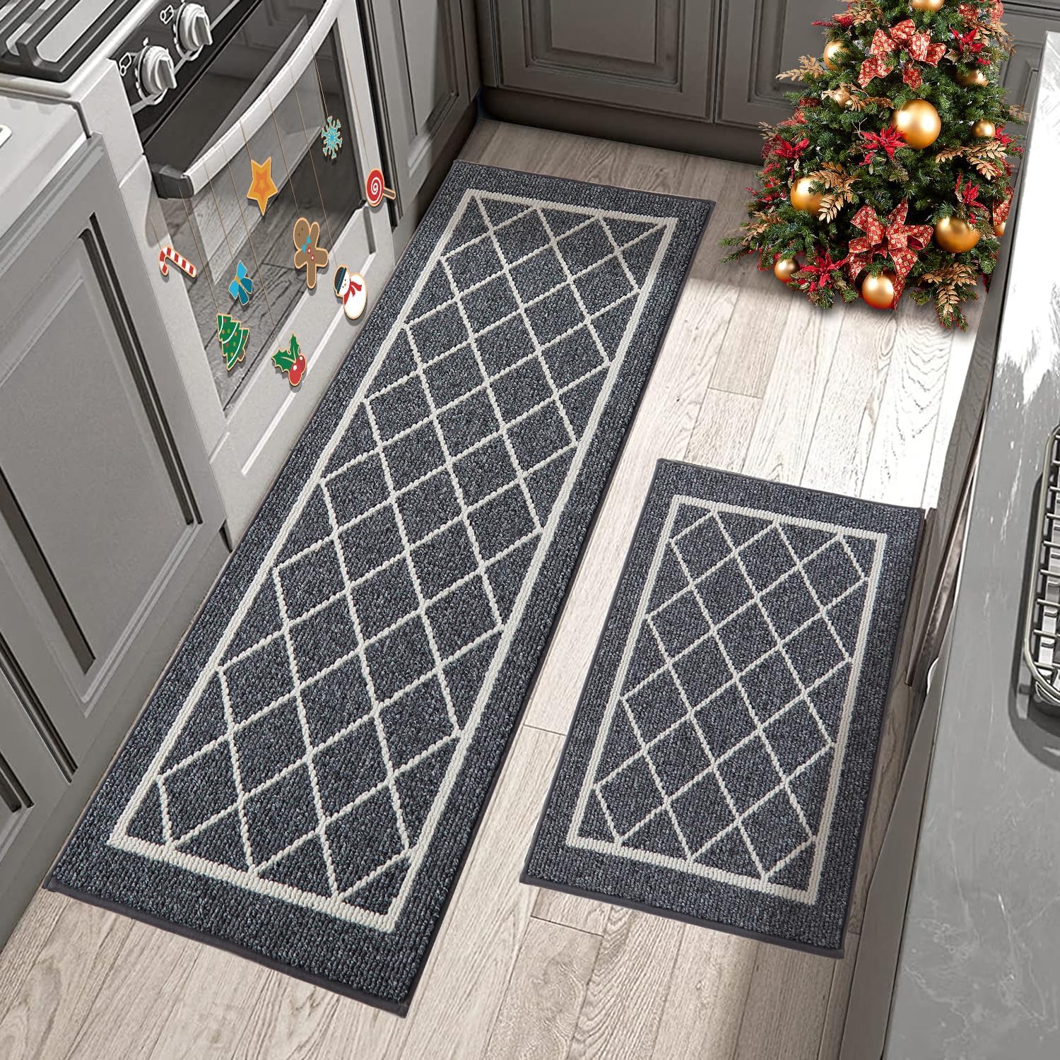 BEQHAUSE-Kitchen-Rugs-Non-Slip-Kitchen-Mats-for-Floor Machine Washable Kitchen Mats 2 Pieces Grey Kitchen Runner Carpet with TPR Backing 24x35inch/24x60inch