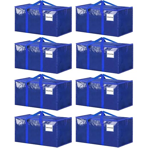 8 Pack Extra Large Heavy Duty Moving Bags, Blue Storage Bins with Lids, Reinforced Handles & Heavy-Duty Zippers Moving Boxes Storage Bags Totes for Clothes Packing, Dorms, College Supplies, Blue