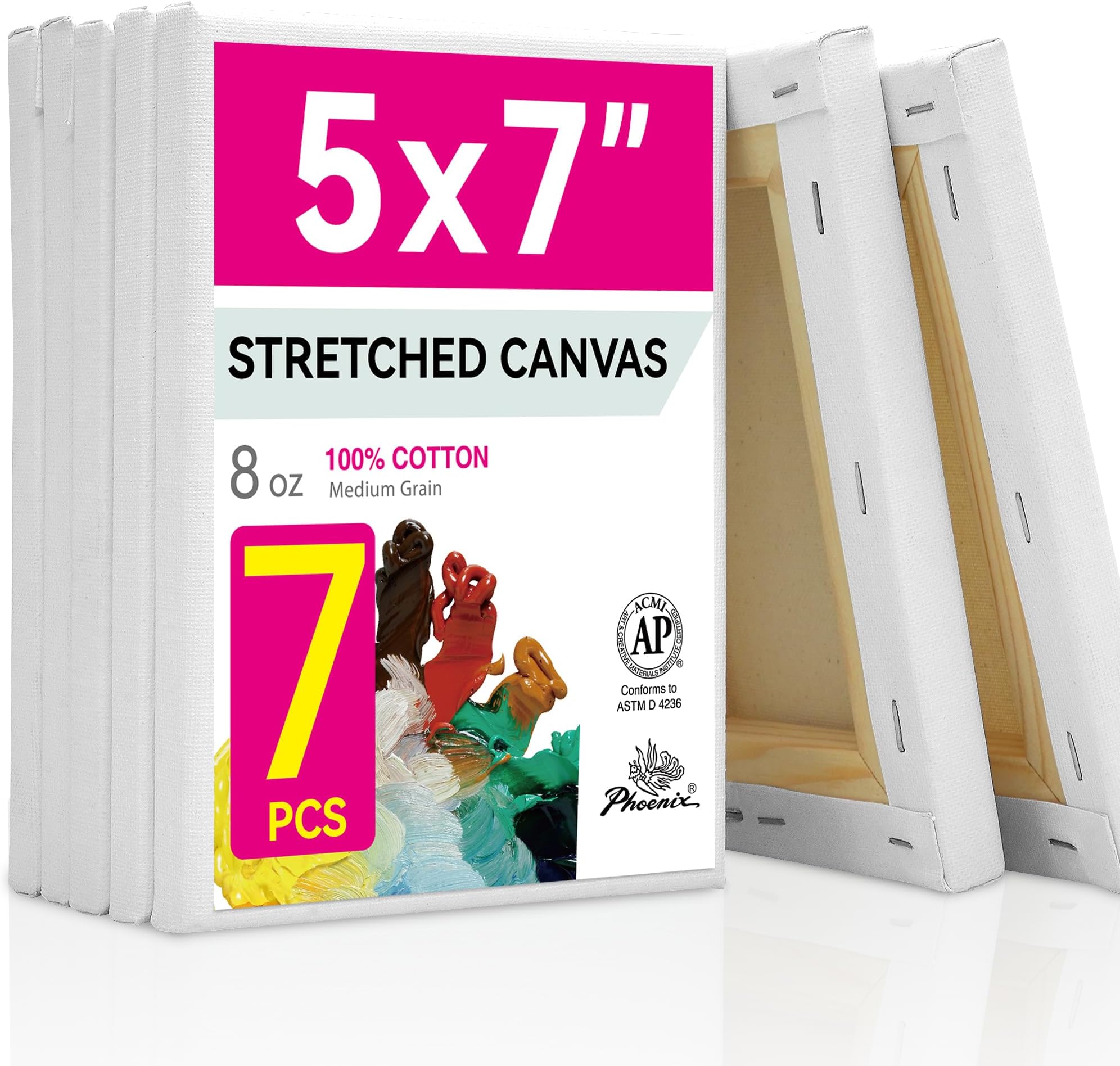 PHOENIX Stretched Canvas for Painting 5x7 Inch/7 Value Pack, 8 Oz Triple Primed 5/8 Inch Profile 100% Cotton White Blank Canvas,Small Framed Canvas for Oil Acrylic & Pouring Art