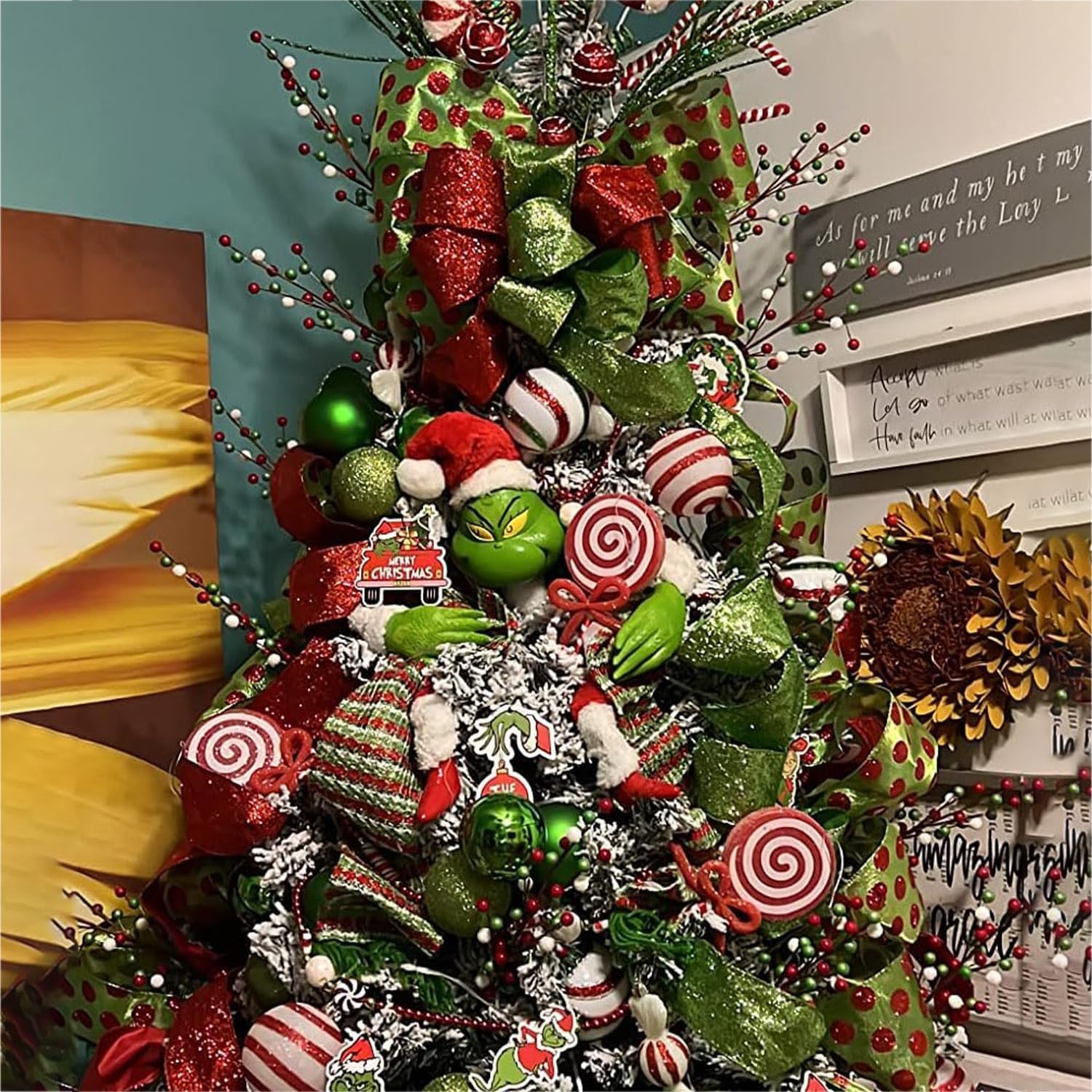 Grinch Dekor für Weihnachtsbaum,lustiger Weihnachtsbaumschmuck,Weihnachten Grinch Körper Ornament,Grinchs Elfenkopf/Arm/Bein für Weihnachtsbaumstola Elf gefülltes Bein Stecken Baumspitze Ornamente