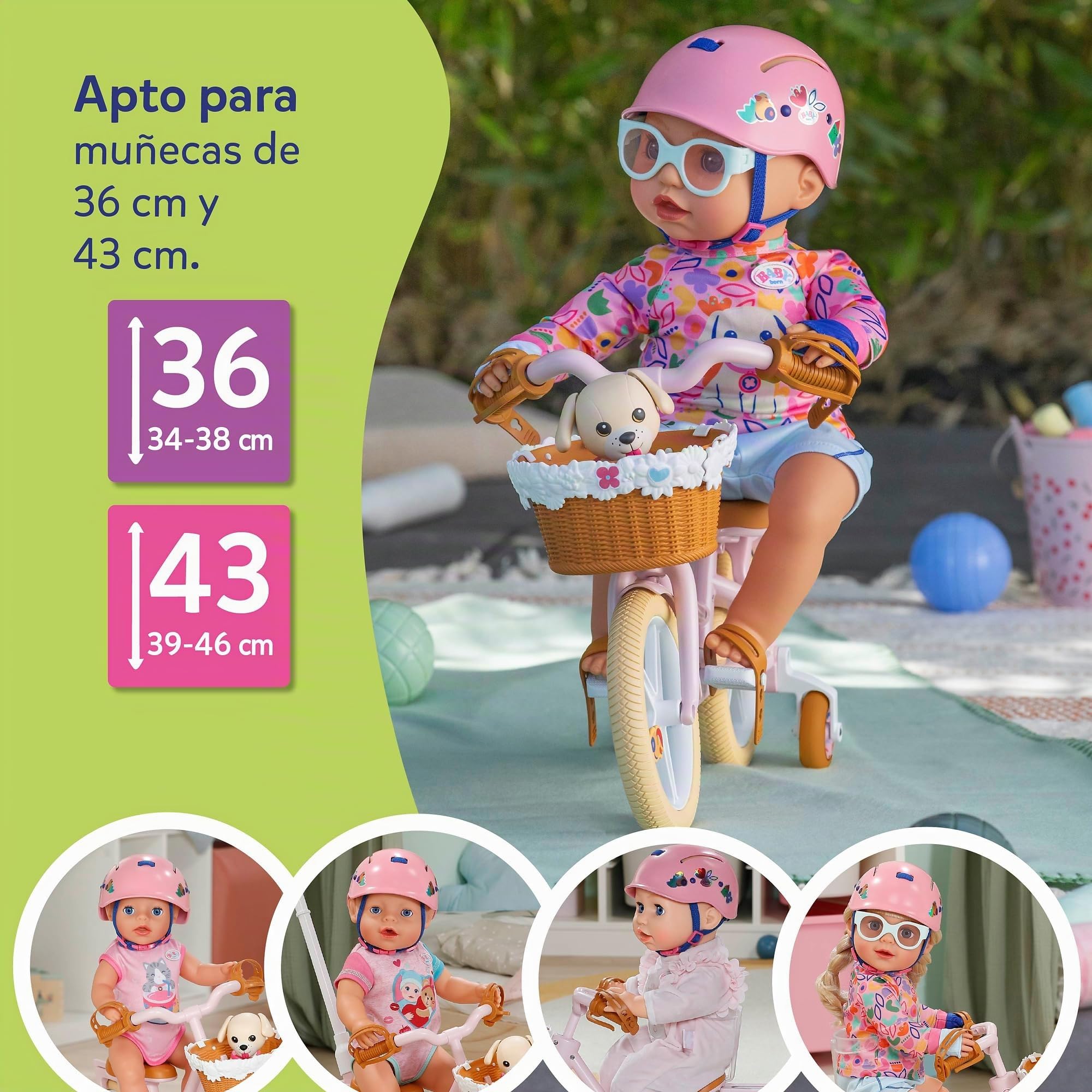 BABY born Bicicleta con Lucky, Bicicleta para muñecas con Cesta, Manillar y Pegatinas