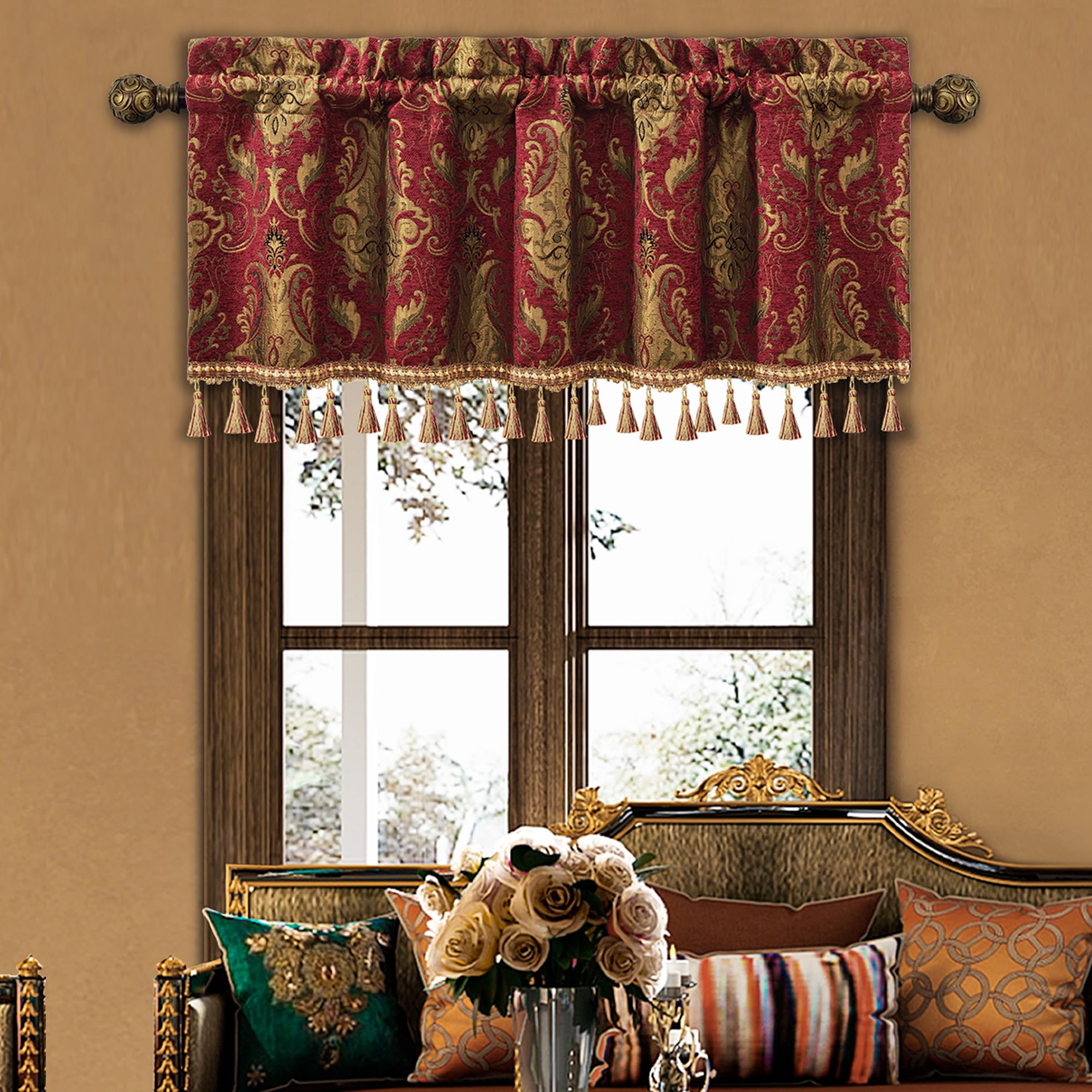 Loom and Mill Luxury Christmas Valances for Living Room Window, Classic Damask Jacquard Chenille Window Treatment Valances with Tassels, Rod Pocket Blackout Short Curtain 1 Panel, 54” x 18”, Red
