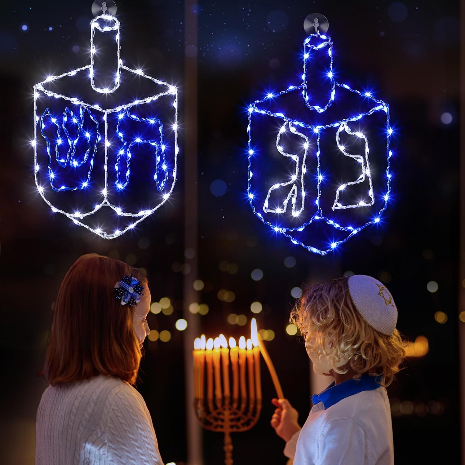 Meonum 2 Pack Hanukkah Decorations Window Lights, 8 Modes Blue White Chanukah LED Silhouette Lights Battery Operated with Timer for Jews Judaism Synagogue Passover Hanukkah Party Decor (Dreidel)