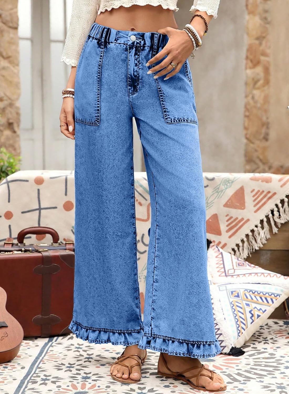 Astylish Wide Leg Jeans for Women Stretch High Wasited Baggy Trendy Denim Jean Ruffle Hem Pants - Image 2