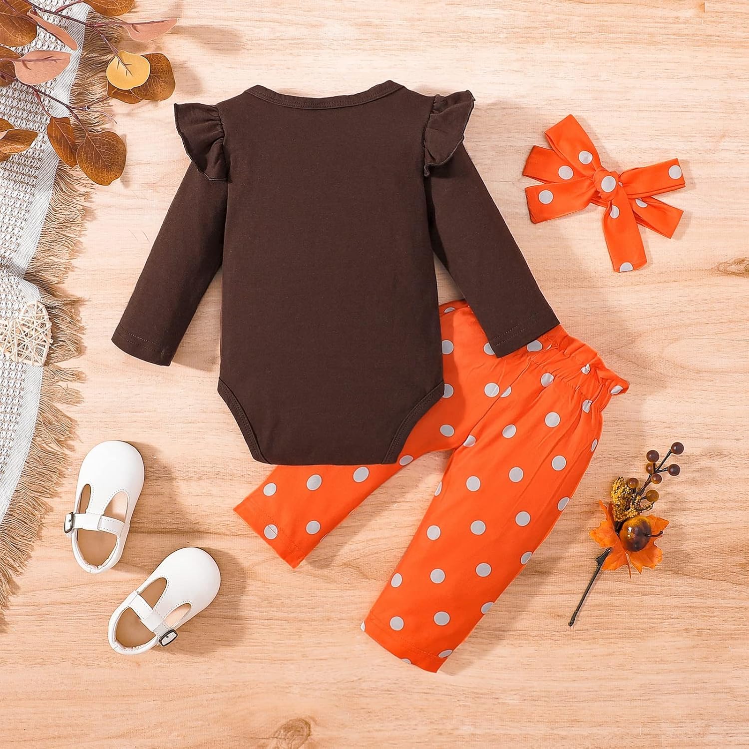 My First Thanksgiving Baby Girl Outfits 1st Thankgiving Gifts Turkey Romper Cute Polka Dot Bell Bottom Pants Headband - Image 3