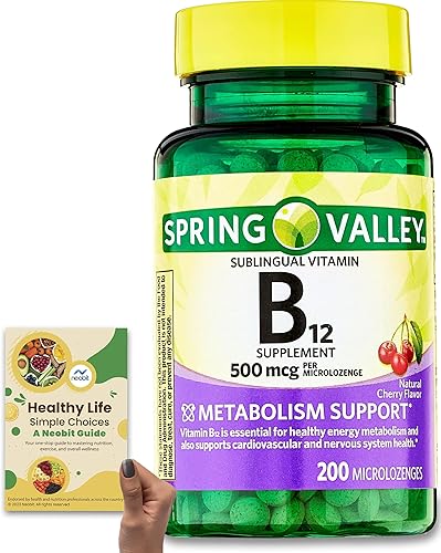 Spring Valley - Micropastillas de vitamina B12, 500 mcg, 200 unidades, energía con sabor a cereza y apoyo al metabolismo, sin gluten, paquete con