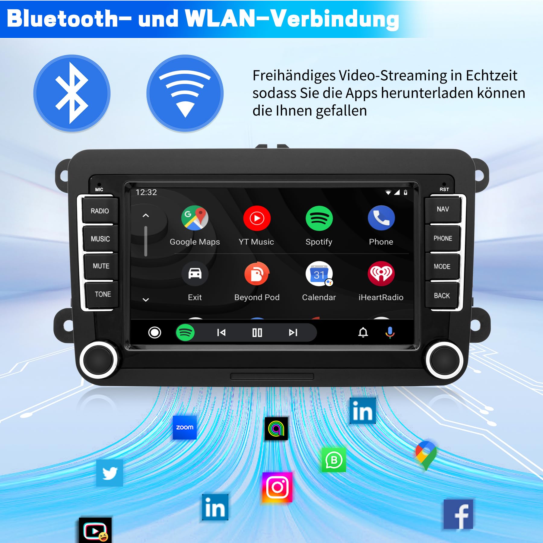 Autoradio für VW Passat Golf Polo Caddy Bettle Touran Tiguan Jetta Seat Skoda, Android 12 System 2G+64G, 7 Zoll Touchscreen Carplay Android Auto Bildschirm GPS Navi WiFi Bluetooth FM RDS Radio