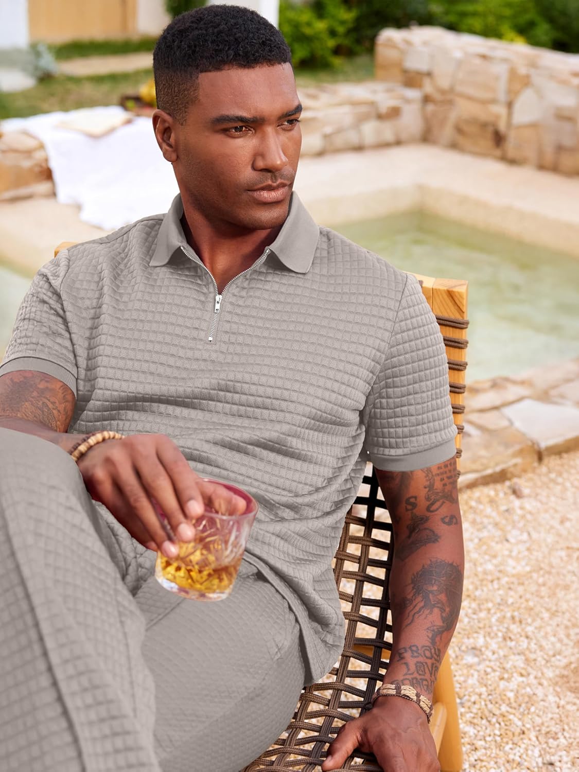 JMIERR Mens Summer 2 Piece Outfits Short Sets Beach Waffle 1/4 Zip Polo Shirts Casual Loose Pant Loungewear - Image 6