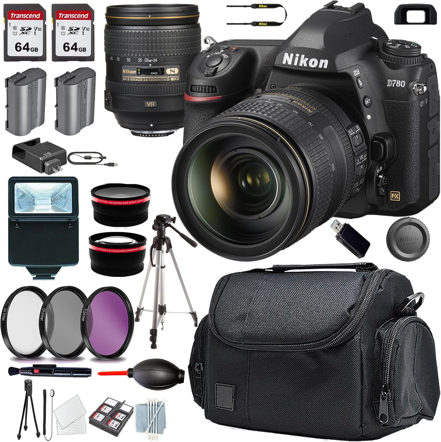 Nikon D780 DSLR Camera with 24-120mm Lens Case + 128 GIG Memory Card + Flash + Tripod + More (13PC Bundle) (Renewed)