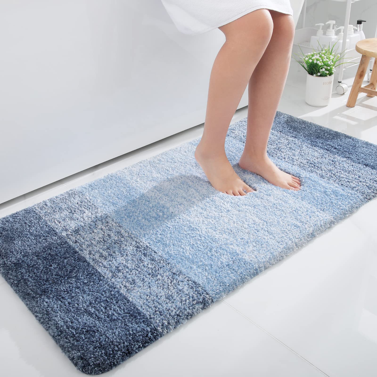 OLANLY Luxury Bathroom Rug Mat, Extra Soft and Absorbent Microfiber Bath Rugs, Non-Slip Plush Shaggy Bath Carpet, Machine Wash Dry, Bath Mats for Bathroom Floor, Tub and Shower 47x24, Blue
