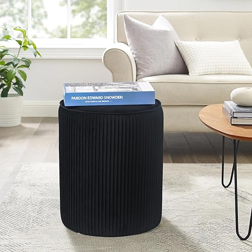 Miniatura 8 de Joveco Moderno otomano redondo, taburete de tocador tapizado de terciopelo con asiento acolchado suave, reposapiés para mesa auxiliar para sala de