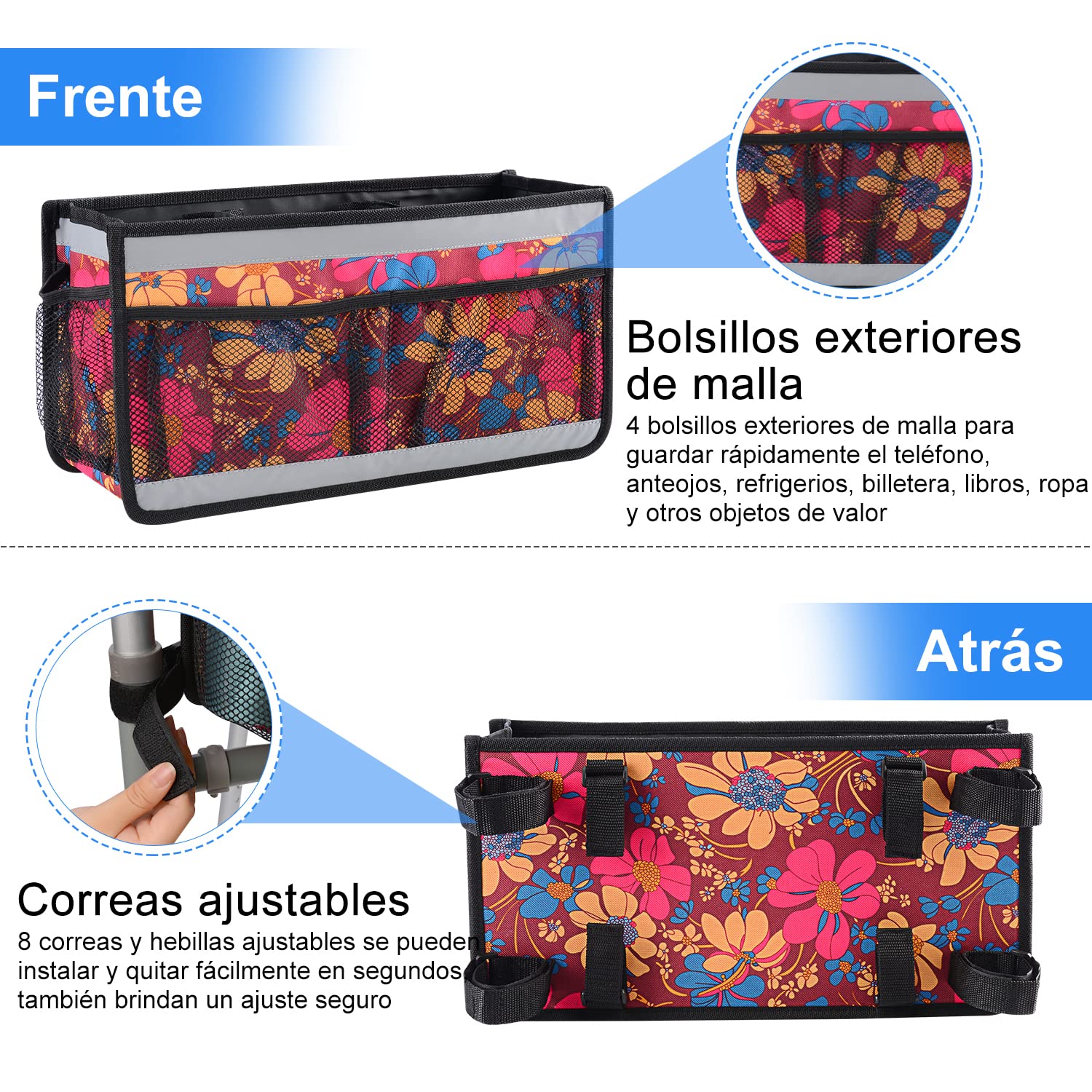 supregear Cesta de Andador, Bolsa Organizadora Walker de Gran Capacidad con 4 Malla Bolsillos y Bolsa de Almacenamiento de Diseño Gancho y Bucle de Raya Reflectante para Accesorios de Walker Carry