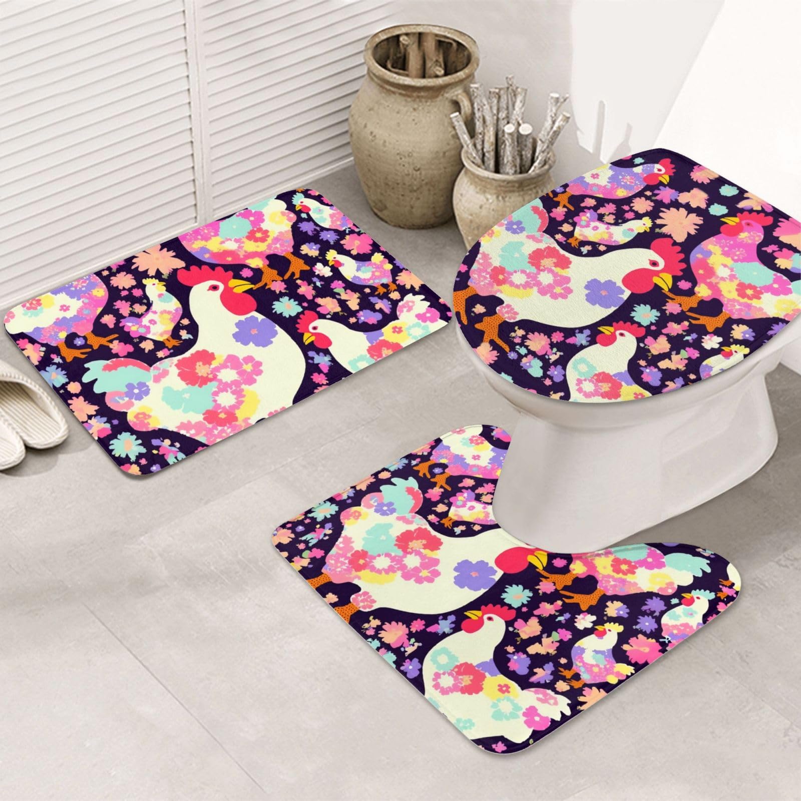 Ensemble tapis de bain antidérapant motif floral et housse de toilette 3 pièces
