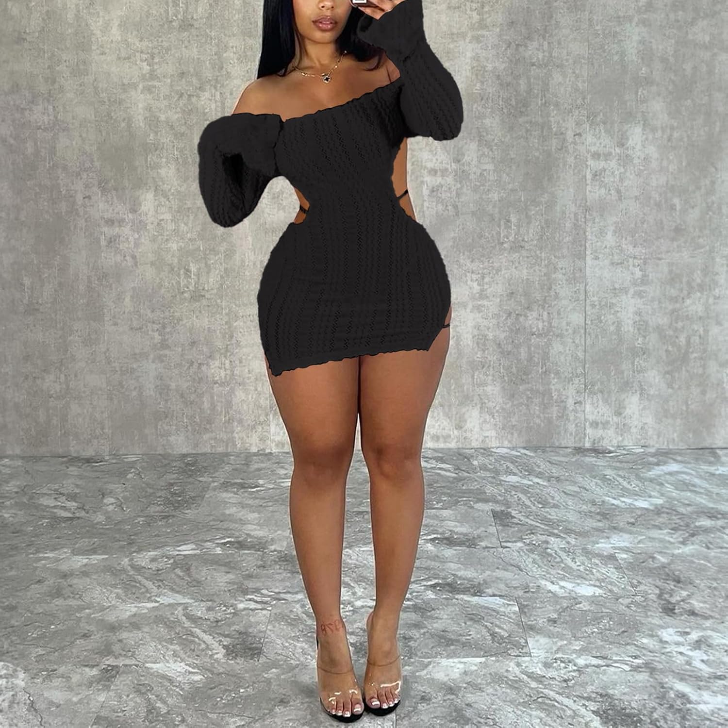 Sexy Off Shoulder Fuzzy Y2K Mini Dress for Women Strappy Backless Long Sleeve Party Club Birthday Dresses Date Night - Image 3