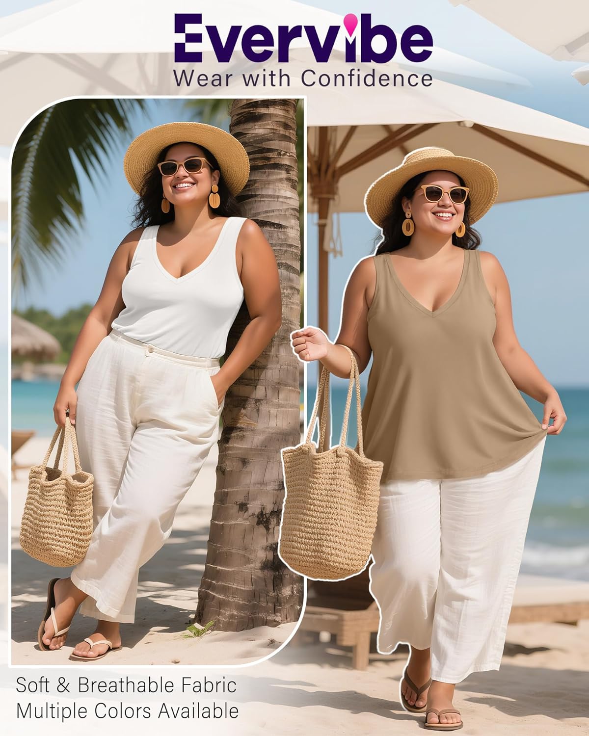 3 Pack Women's Plus Size V Neck Tank Tops Sleeveless Loose Fit Summer Tees Casual Trendy Basic T-Shirts Flat Hem
