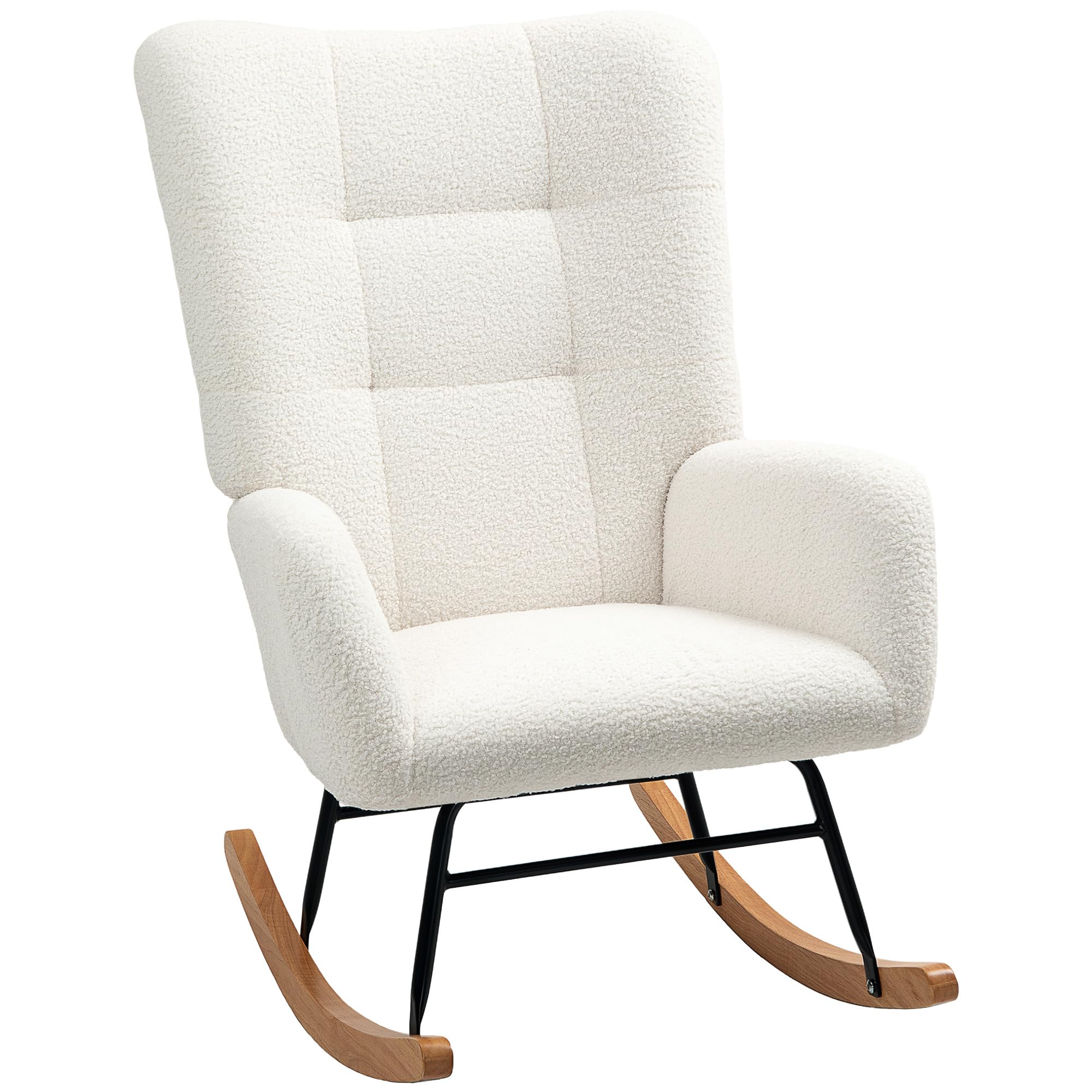 HOMCOM Sedia a Dondolo, Poltrona in Velluto Teddy, Sedia Relax con Gambe in Legno, Dondolo per Camera da Letto e Soggiorno, Bianco Crema