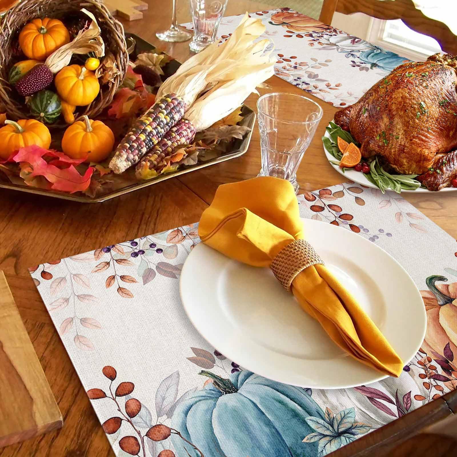 Flower Pumpkins Kitchen Mats And Rugs Set Of 2, Thanksgiving Fall Eucalyptus Leaves Plaid Washable Absorbent Kitchen Runner Rug Carpet Anti-Fatigue Comfort Mat For Bathroom Laundry 20x32 20x47