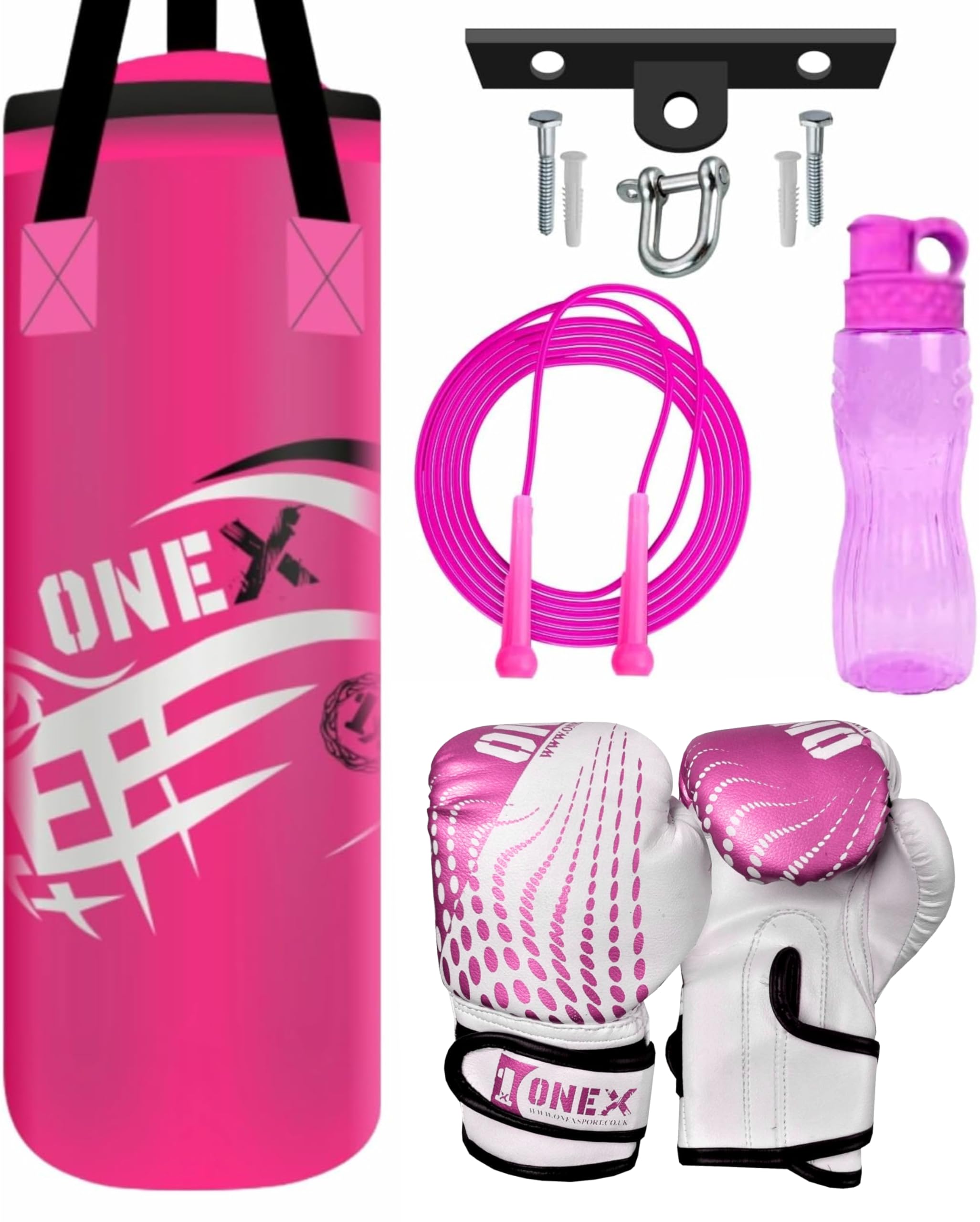 Kids Punching bag Gloves Boxing Bag Rucksack Mount Hook Set 2ft Set, for Junior/Children Workout (Pink)