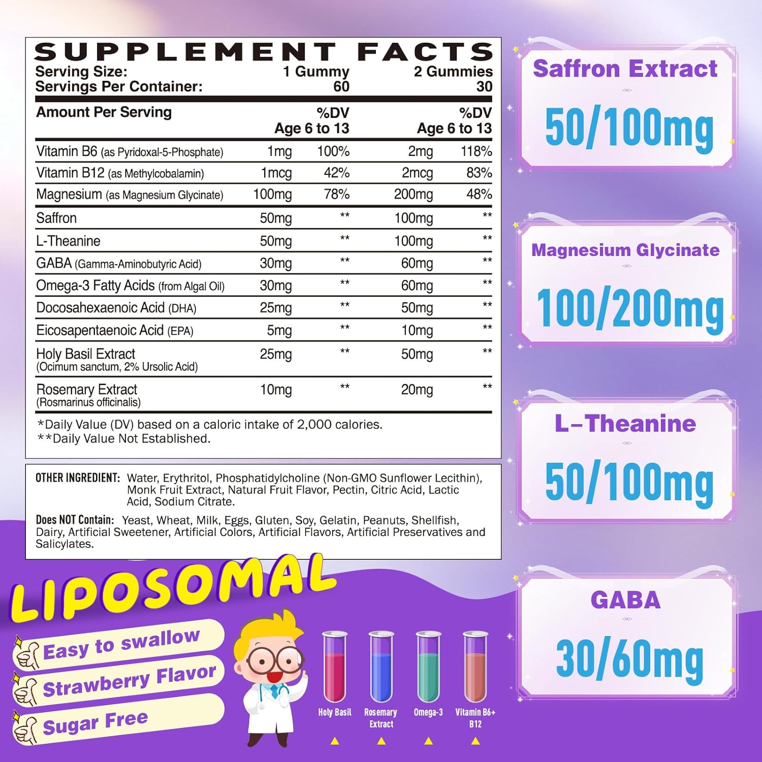 Liposomal Saffron with Magnesium Glycinate Gummies, Saffron Supplement for Kids & Adults, with Holy Basil Rosemary, L-Theanine, GABA, Omega-3 & Vitamins, Focus & Brain Support, Relaxation, 60Ct