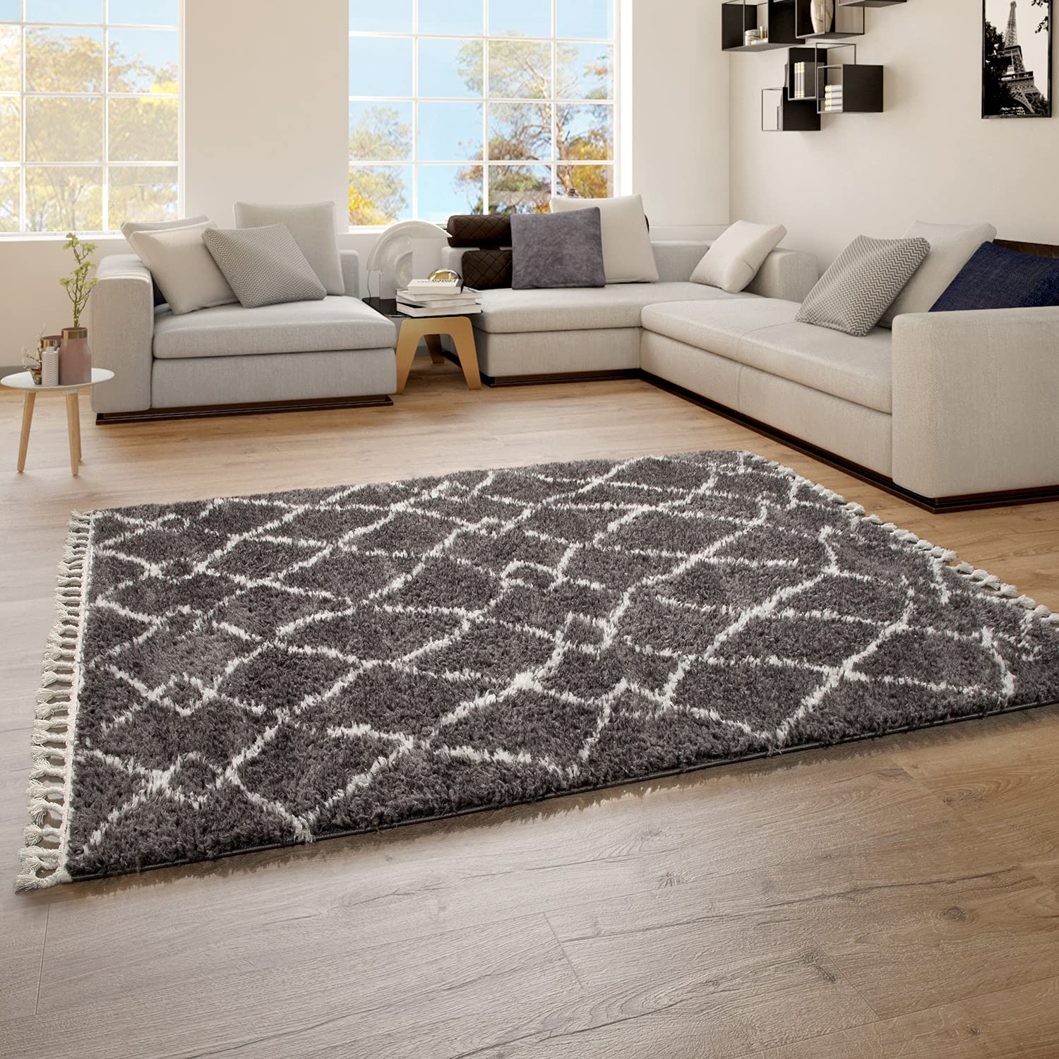 TT Home Tapis De Salon Tapis Shaggy Poil Long avec Franges Tapis Scandinave Abstrait, Couleur: Anthracite, Dimension:140x200 cm