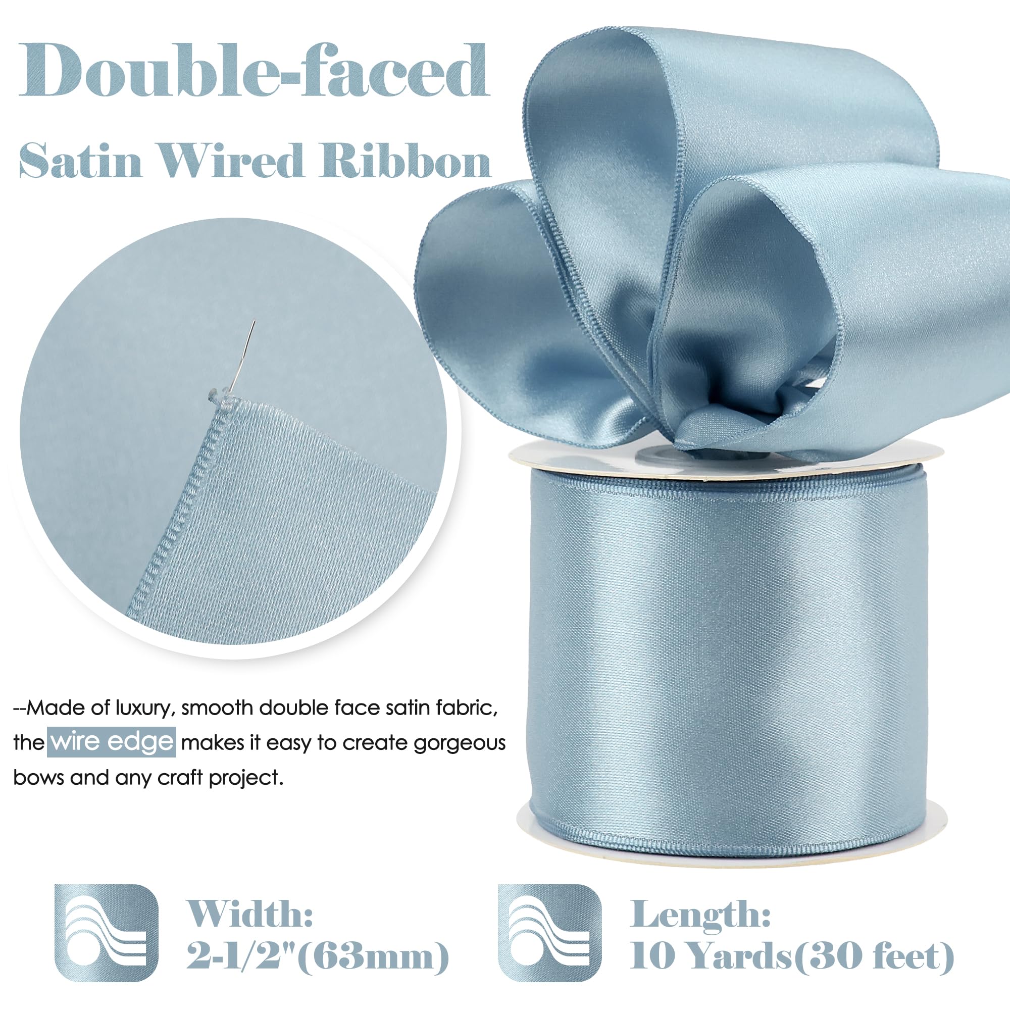 HUIHUANG Nastro di raso blu polveroso con filo metallico, 6,3 cm, nastro di raso double-face con bordo metallico per fiocchi, fiori, confezioni regalo, ghirlande, decorazioni per baby shower,