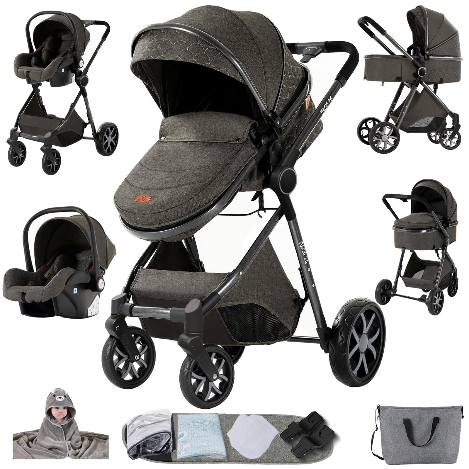 Passeggino 3 in 1 Trio Neonati, Tessuti di Alta Qualità Carrozzina per Neonato, Spinta Bidirezionale Passeggino Reversibile, Visione Aperta Passeggini Trolley (YV9 Deep Grey)