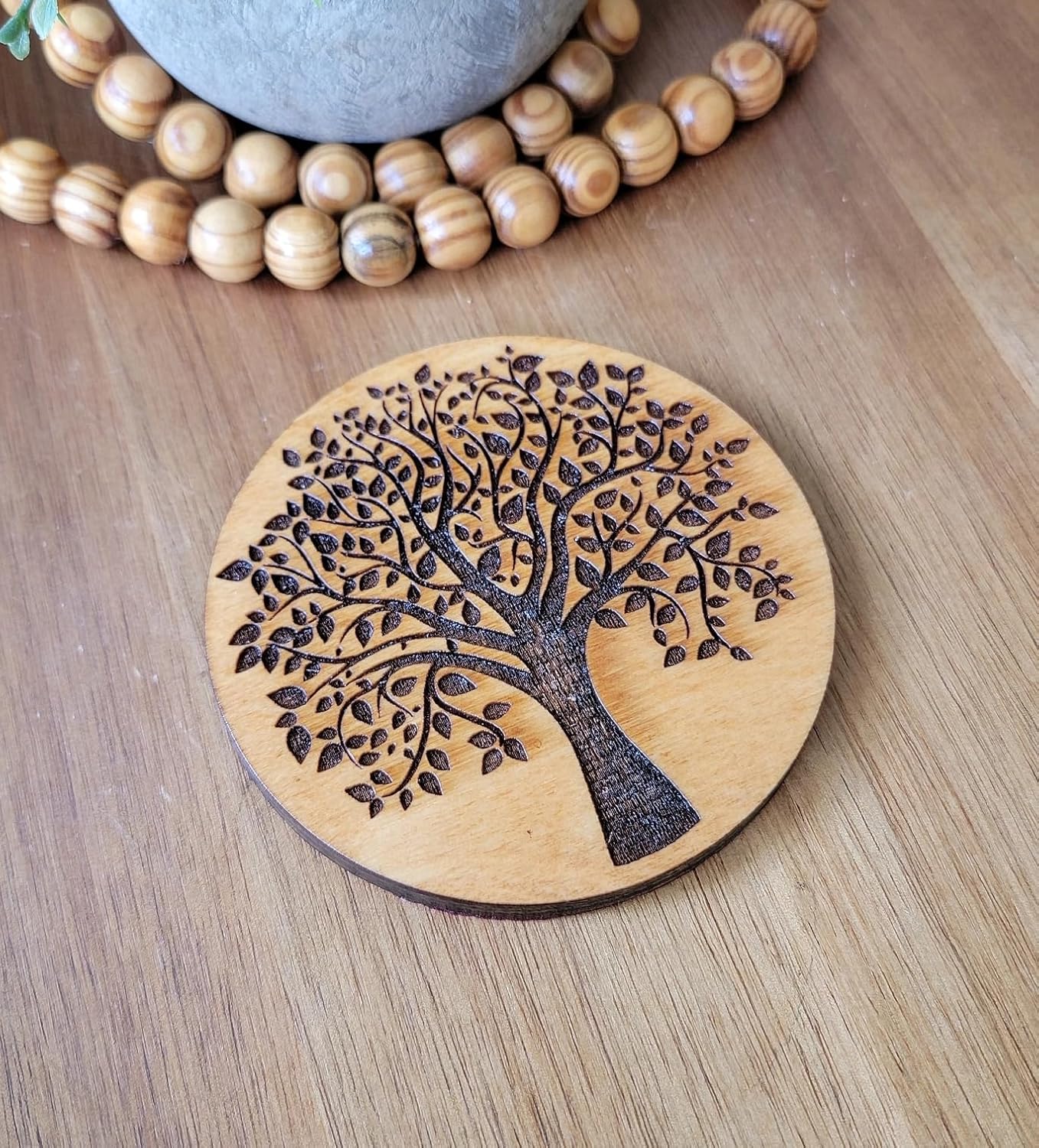 Rustic Wood Coasters for Nature Lovers | Tree of Life Decorative Set 4pc | Coffee Table Decor | Modern Birch Wood Round Coasters with Felt Bottom