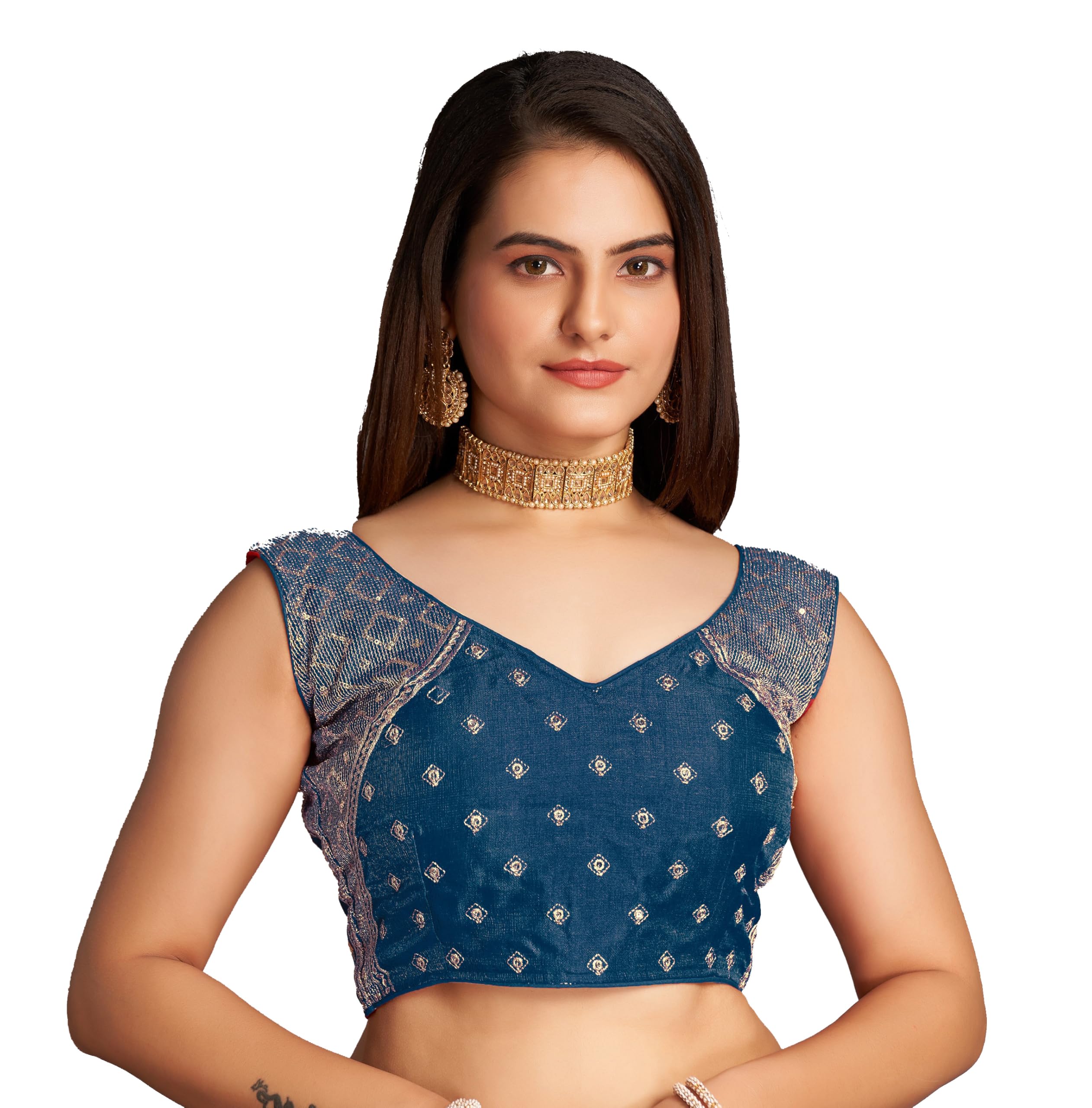 Pujia Mills Women's Sequin Embroidered V Neck Sleeveless Morpeach Readymade Saree Blouse Indian Ethnic Stitched Padded Blouses For Women