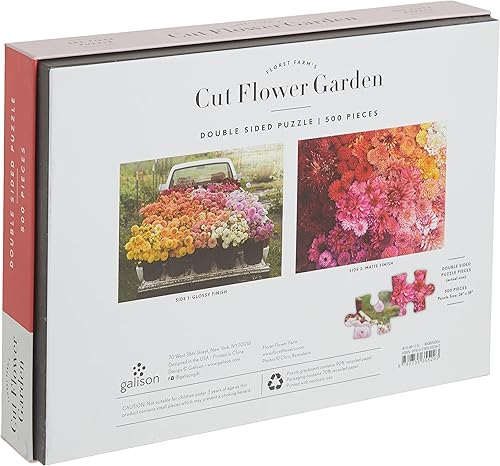 Miniatura 2 de Galison Floret Farms Cut Flower Garden 500 piezas rompecabezas de doble cara divertido y desafiante rompecabezas con cerca de flores coloridas en un