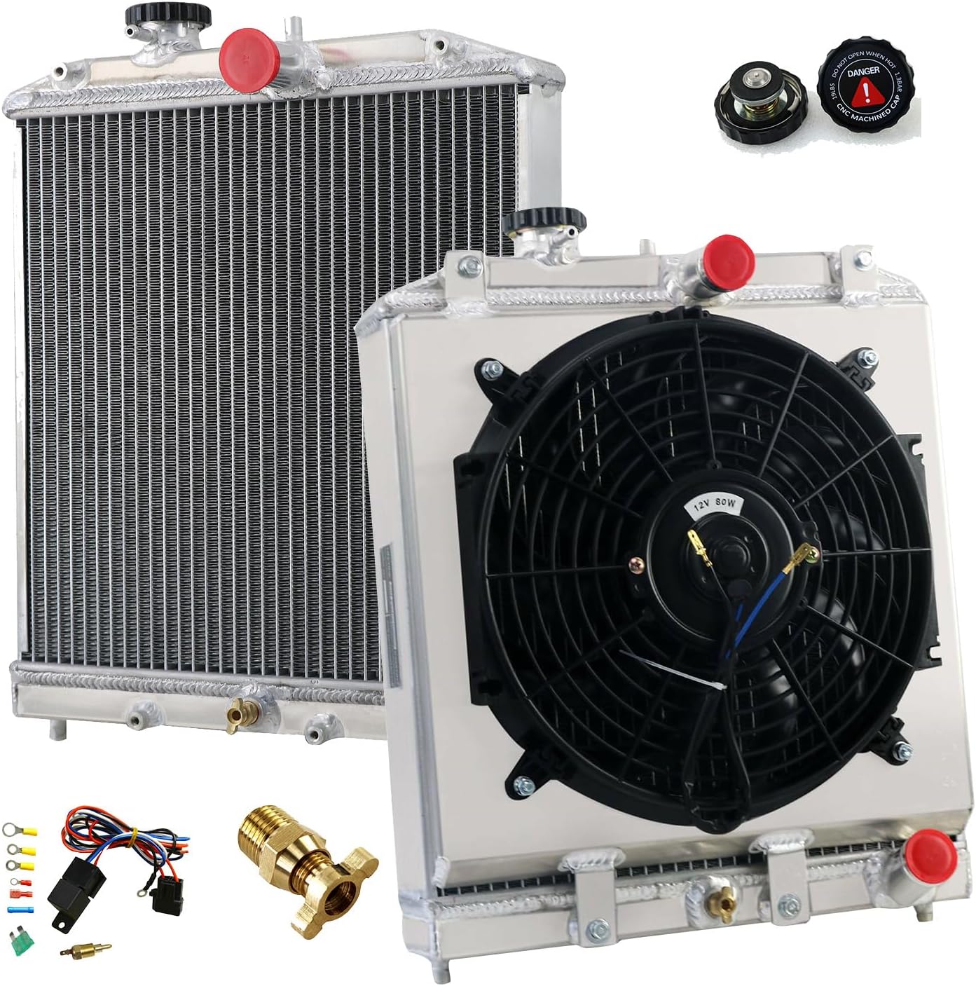 Pro 2 Row Core All Aluminum Radiator + 12“ Fan w/Shroud + Relay Wire Kit for 1992-2001 93 94 95 96 97 98 99 00 Honda Civic Del Sol EJ EK EG DB DC