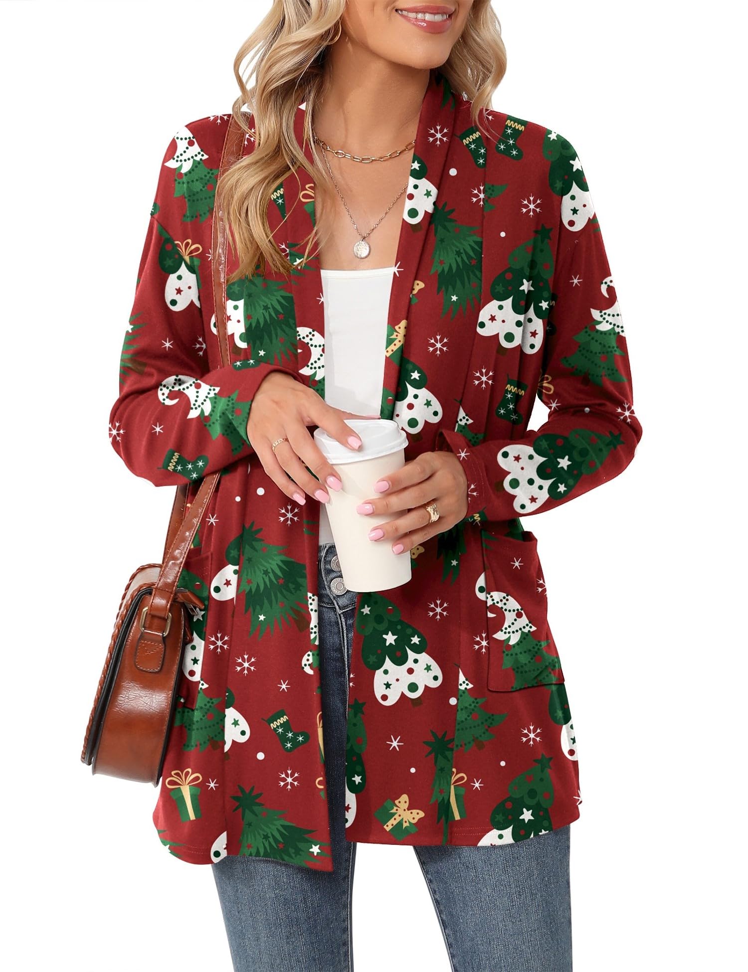 Micoson Xmas Print Long Sleeve Lightweight Cardigan for Women Ugly Christmas Cute Loose Fit Coat with Pockets