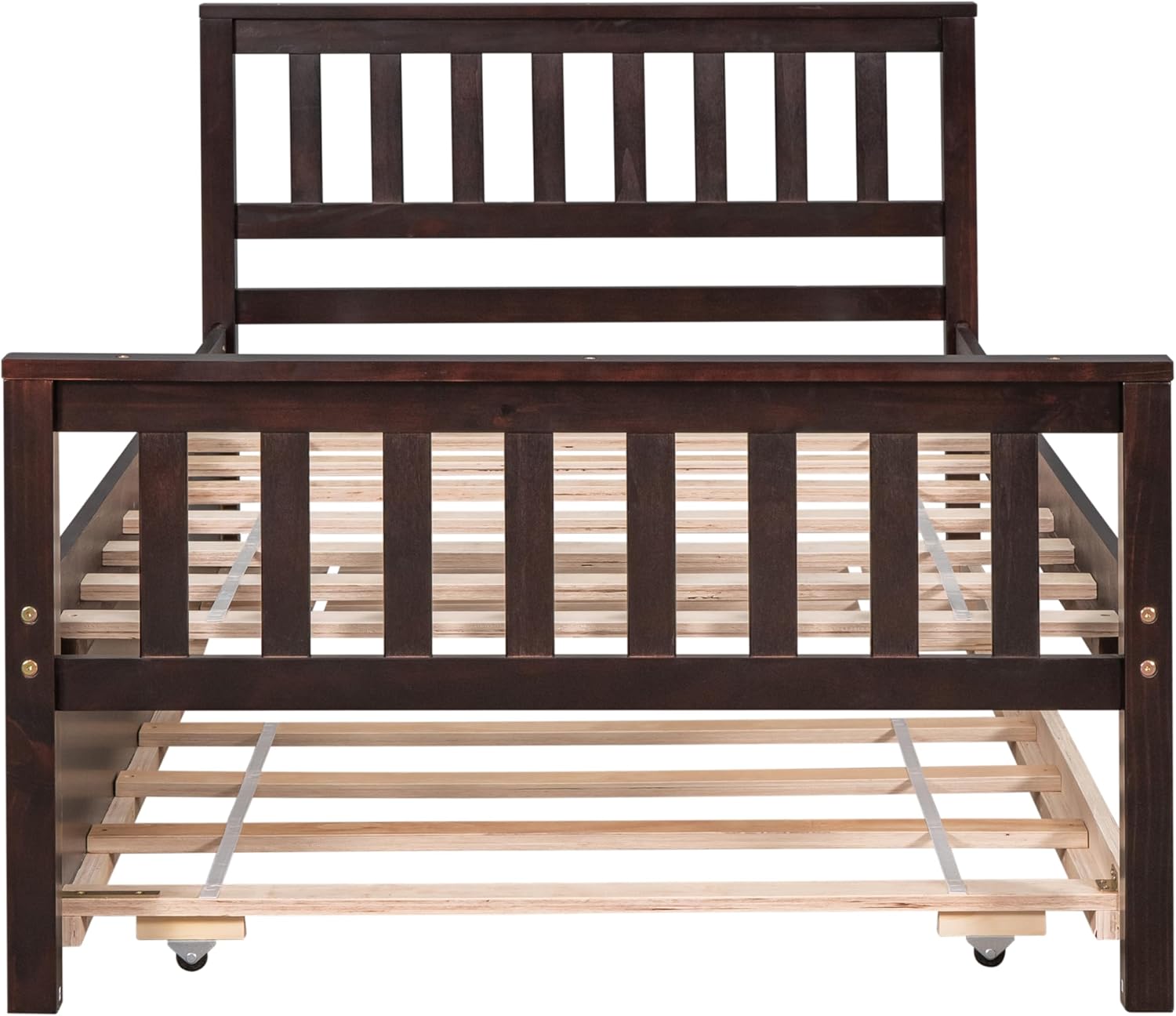 Twin Bed with Trundle, Wood Day Bed Frame with Headboard and Footboard, Wood Bed Frame Twin Size Pull Out Bed for Bedroom Small Living Space, No Box Spring Needed for Kids Adults, Espresso