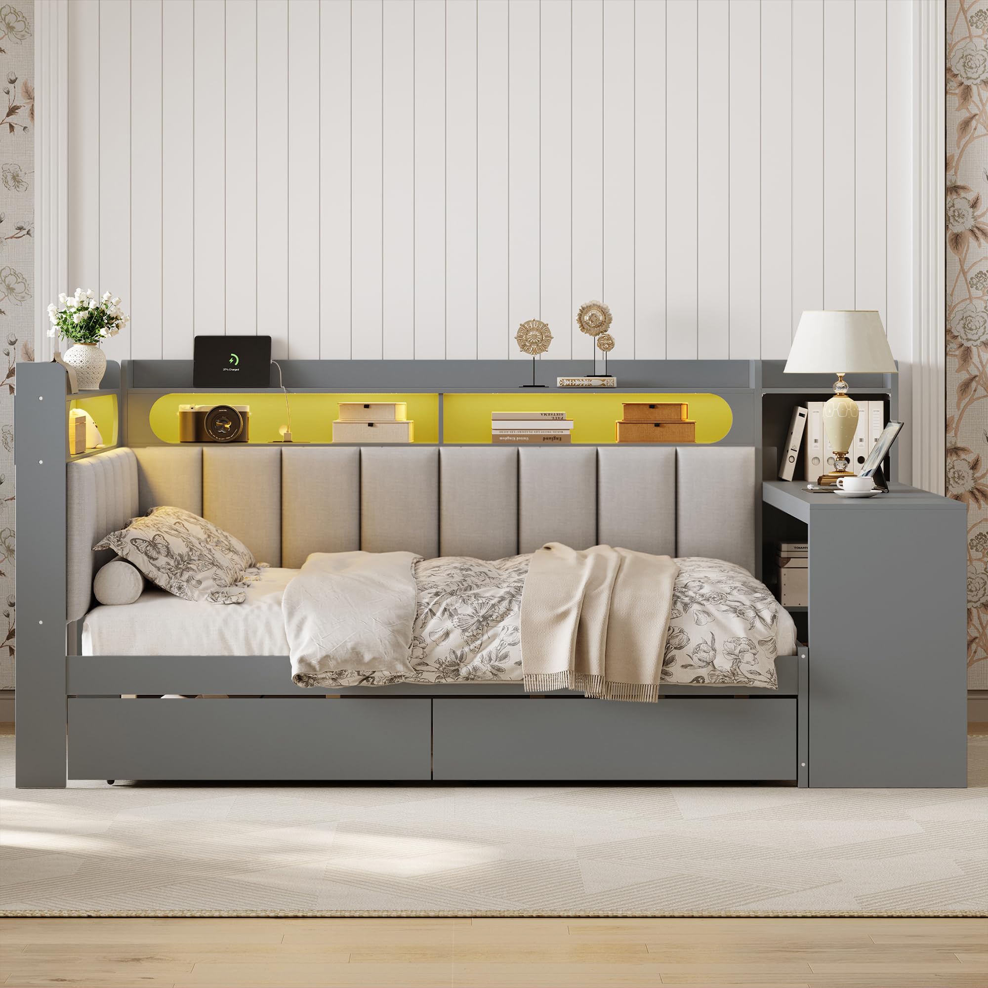 Virubi Full Size Daybed with Storage, LED Light, Charging Station, and Desk