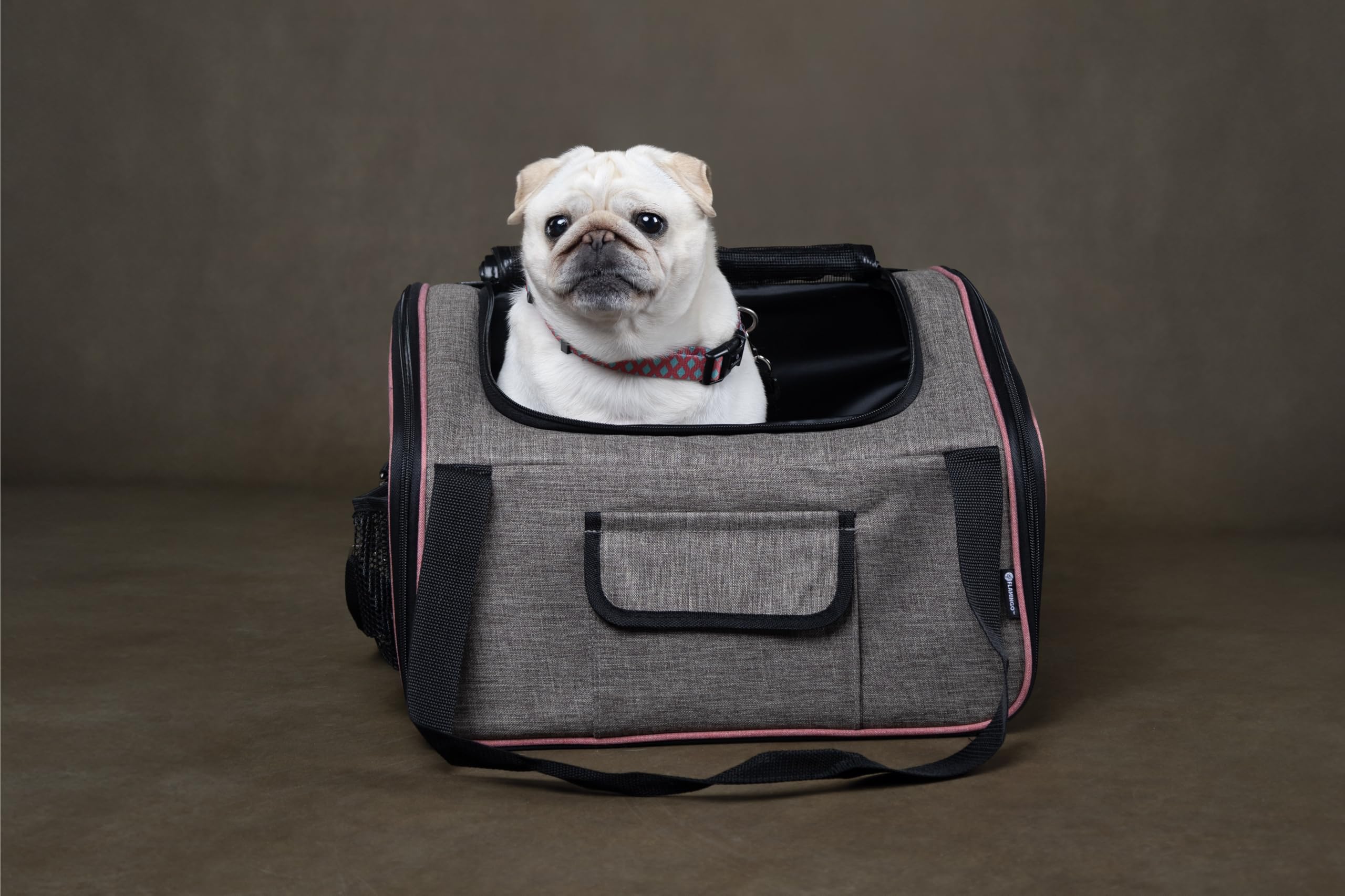 Flamingo Siège Auto pour Chiot Xenophon Taupe - 44x37,5x29,5cm - Cadre renforcé et Pliable avec Boucles pour Ceinture de sécurité - Sangle réglable avec Mousqueton