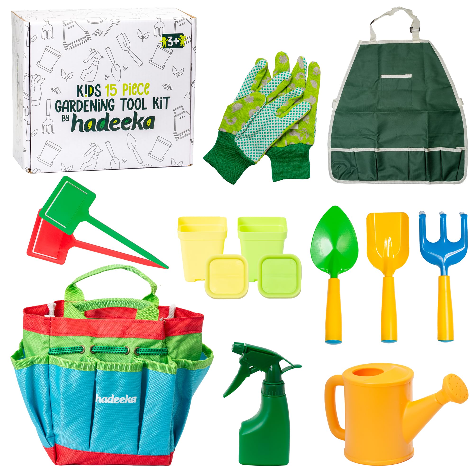 Hadeeka Kids 15pc Garden Tool Kit, Complete Children's Gardening Set including Tools, Apron, Gloves, Watering Can, Plant Pots