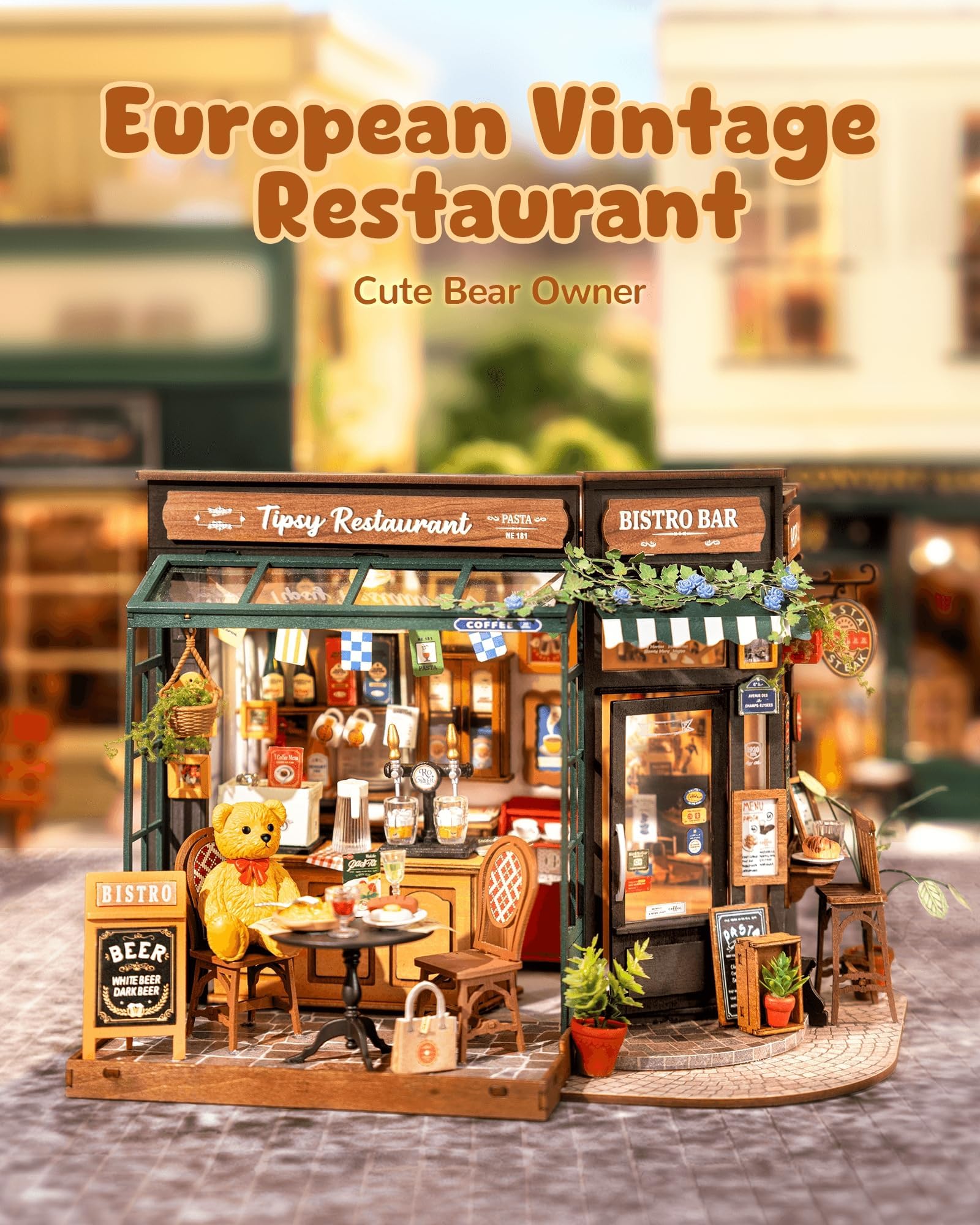 ROWOOD Zestaw domku dla lalek, Tipsy Restaurant, DIY miniaturowy dom rzemieślniczy pokój budowlany, drewniane zestawy modeli z akcesoriami dla dorosłych i nastolatków do budowania, wyjątkowy prezent