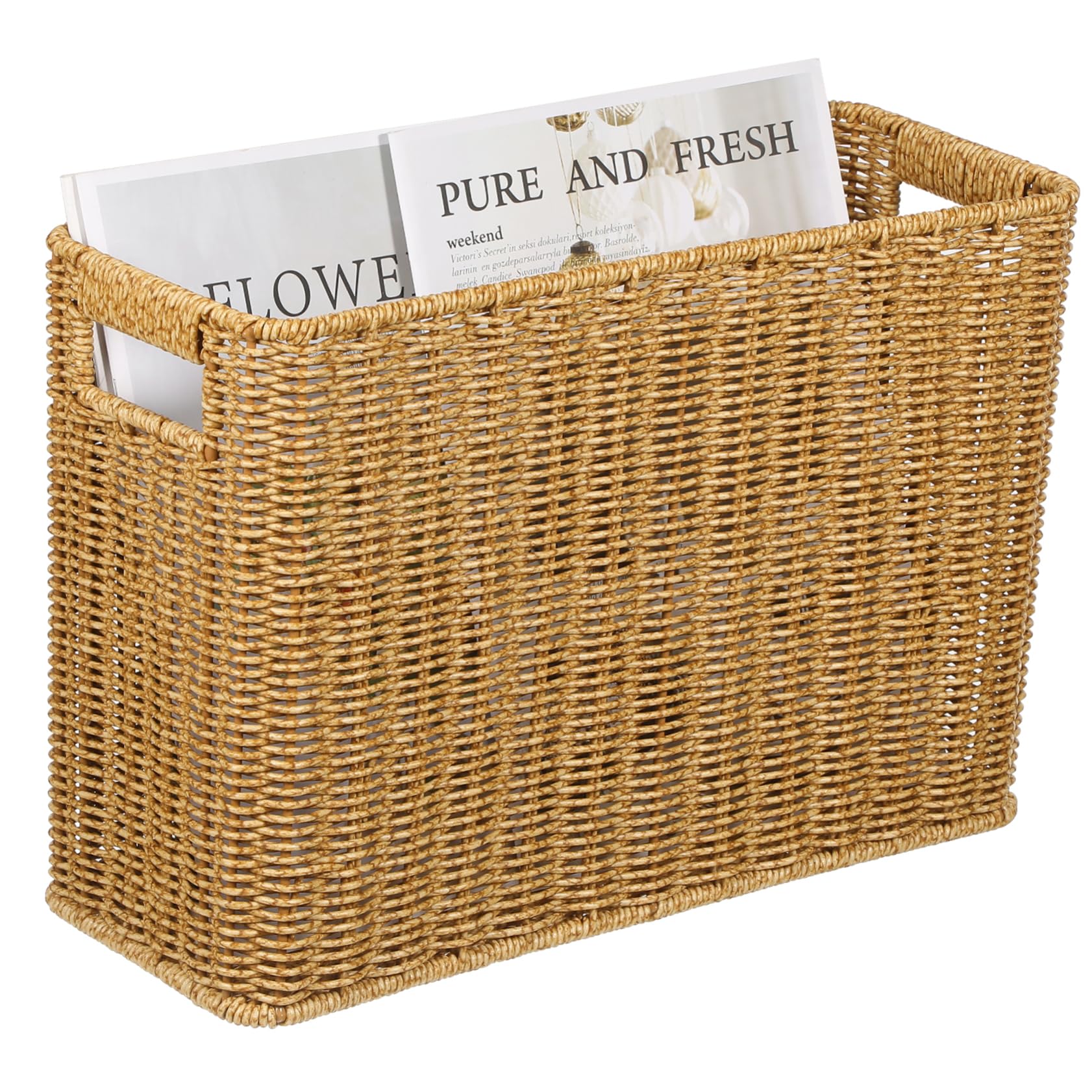 MUSISALY Imitation Rattan Woven Storage Bin Japanese Style Capacity Organizer for Desktop Versatile Decorative Container for Books Sundries and Items Easy to Carry Hollow Handles