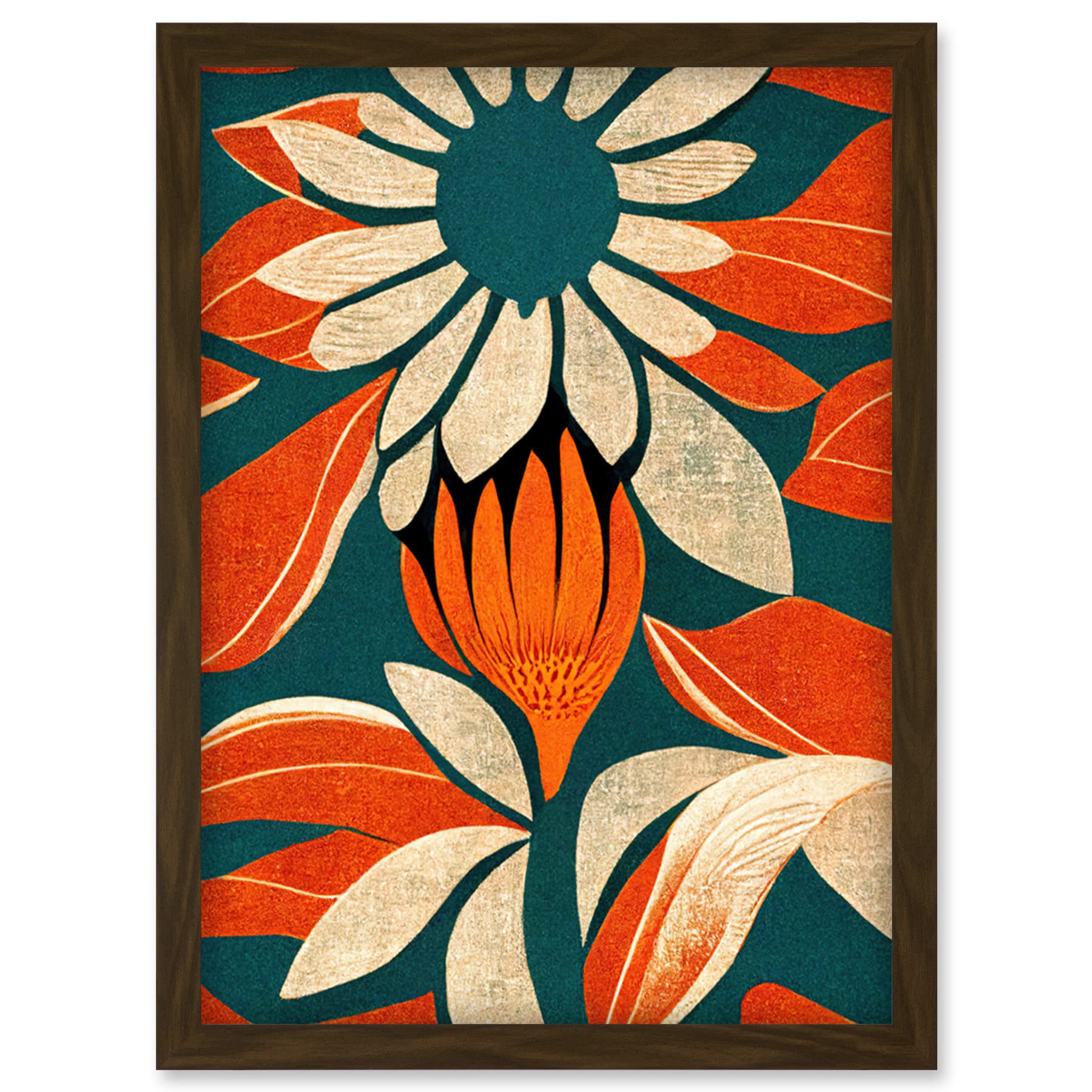 Doppelganger33 LTD Flower Design Teal Orange Abstract Linocut Artwork Framed Wall Art Print A4