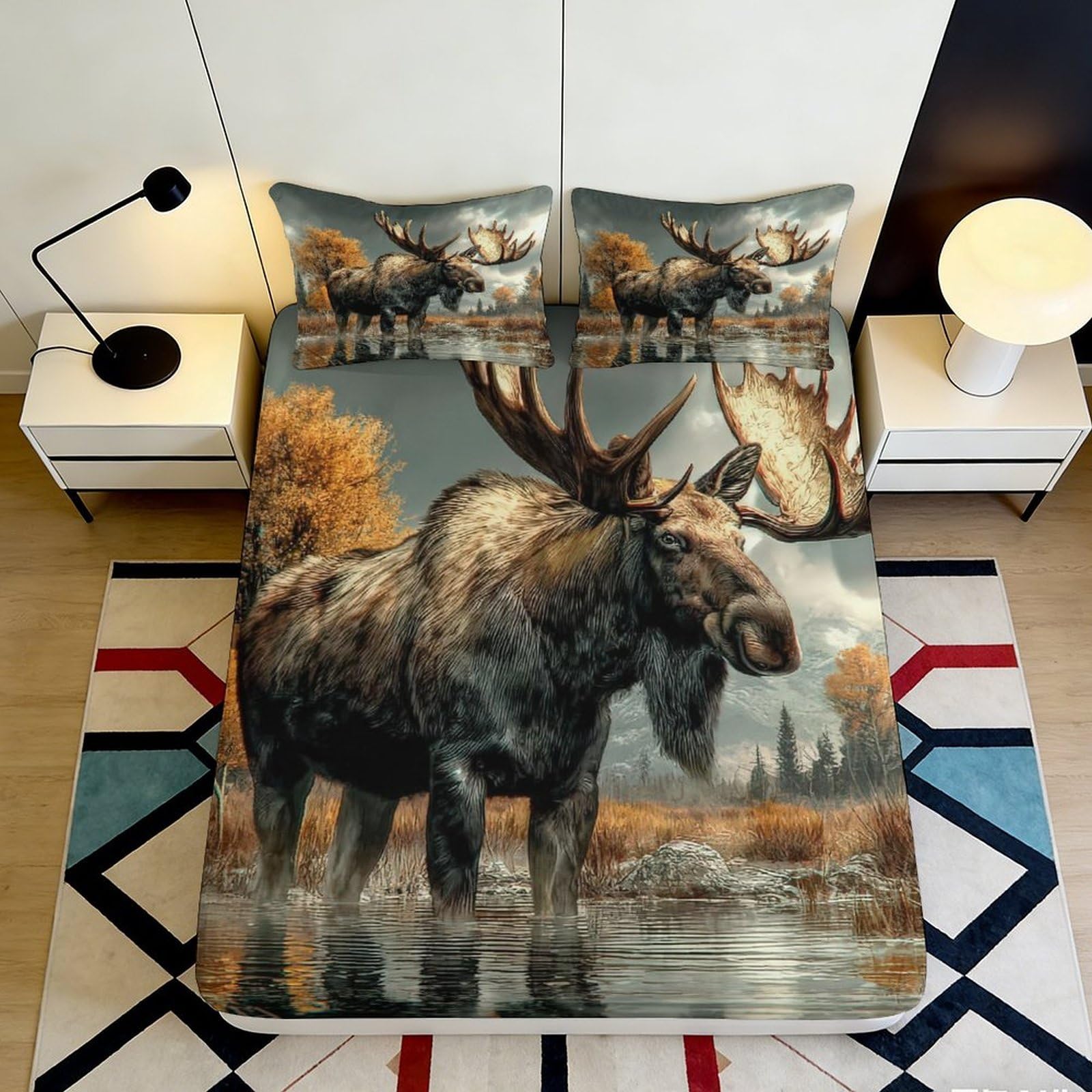 3D Printed Moose Pattern Fitted Sheet Microfiber Durable Soft Autumn Forest Bed Cover for Bedroom Dormitory Guest Room Mattress Protection 140x200x25cm