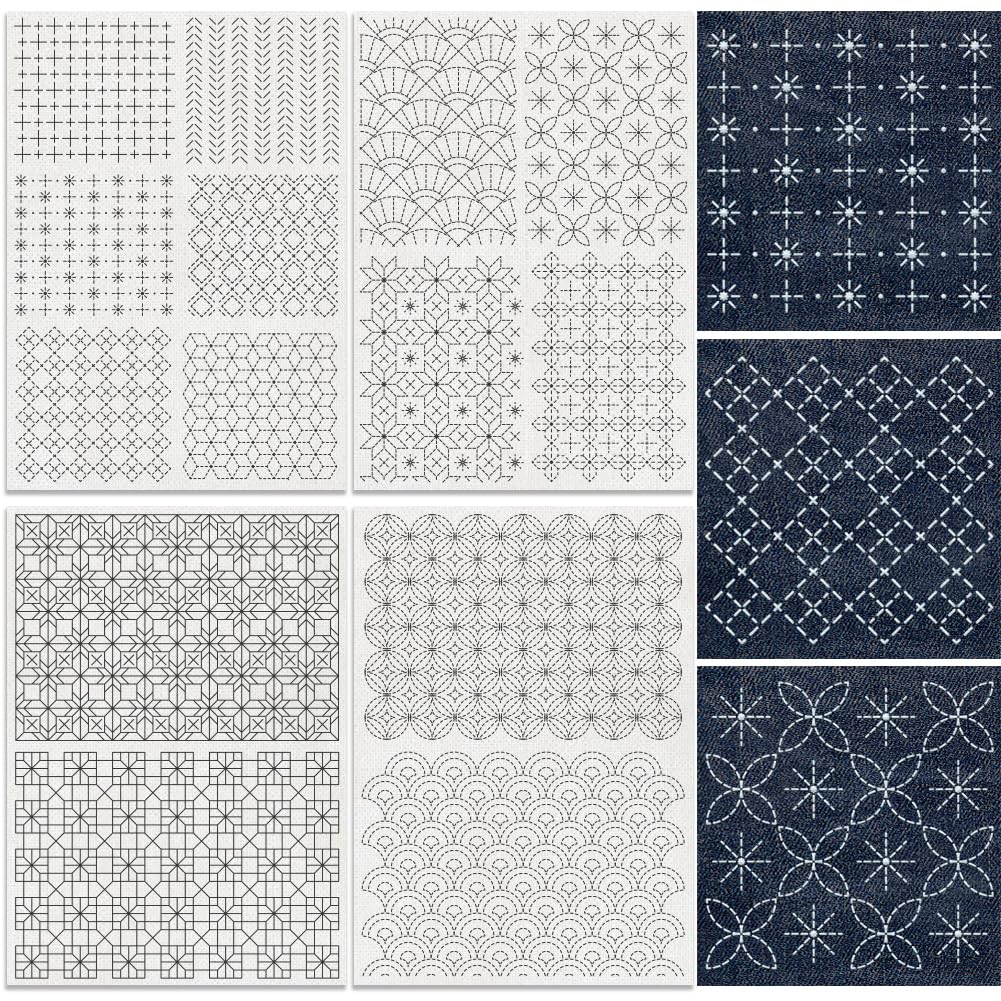 DOODLREAM 14Pcs Geometric Texture Water Soluble Hand Sewing Stabilizers, 21 x 29.7cm Modern Geometric Sashiko Embroidery Pattern Stabilizer, 4 Sheets Mending Stick and Stitch Embroidery Paper Sticker