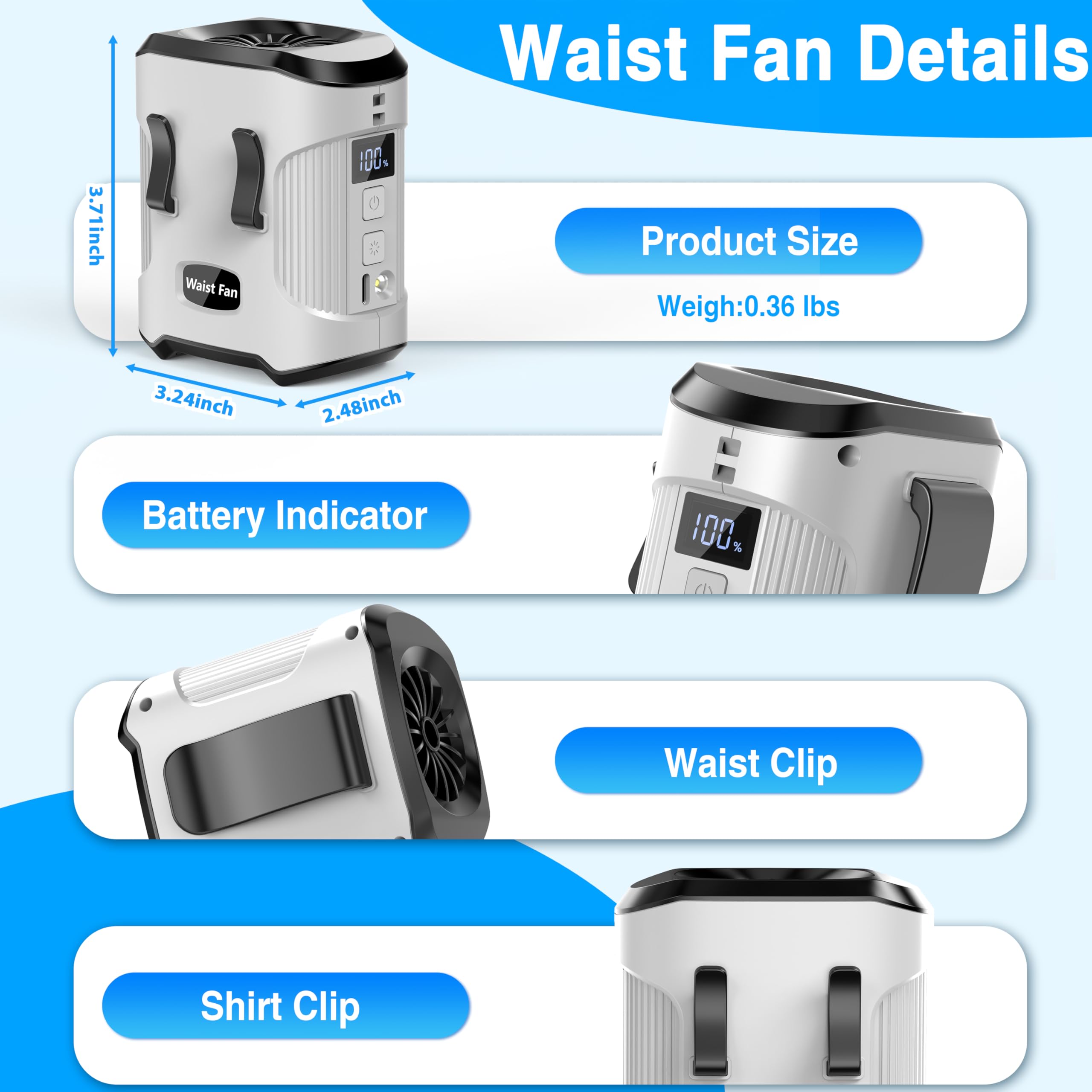 Ventilador de cintura con clip en el cuerpo de la camisa, ventilador de batería recargable manos libres con 3 velocidades y linterna de enfriamiento portátil para el cuello para acampar al 3