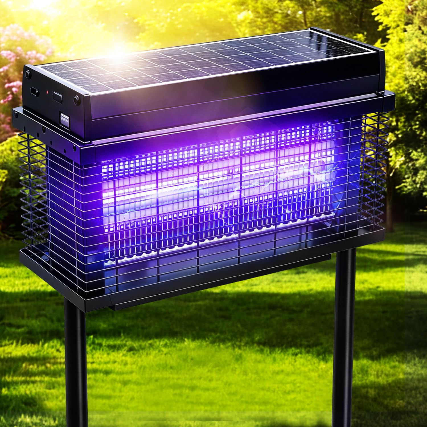 Photo 1 of Spansol Solar Bug Zapper Outdoor, Purple UV Mosquito Zapper with Smart Rain Off Rechargeable Mosquito Killer Lamp, Wireless Solar Powered Fly Trap for Yard Patio RV (Pure Black)