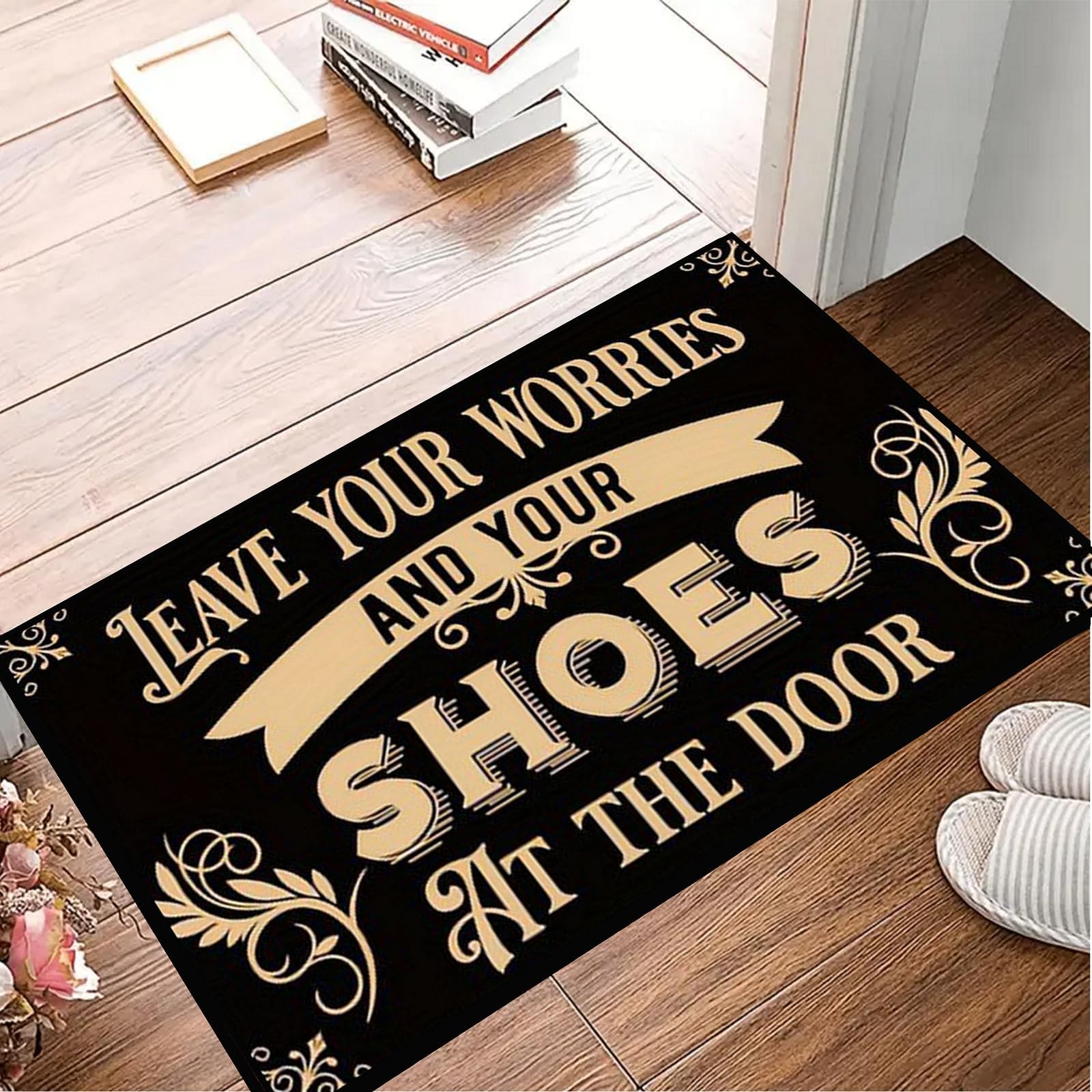Welcome Door Mat, Washable Front Door Mat Outside Entrance with Non-Slip Rubber Backing 17x29'' (Leave Your Shoes At The Door)
