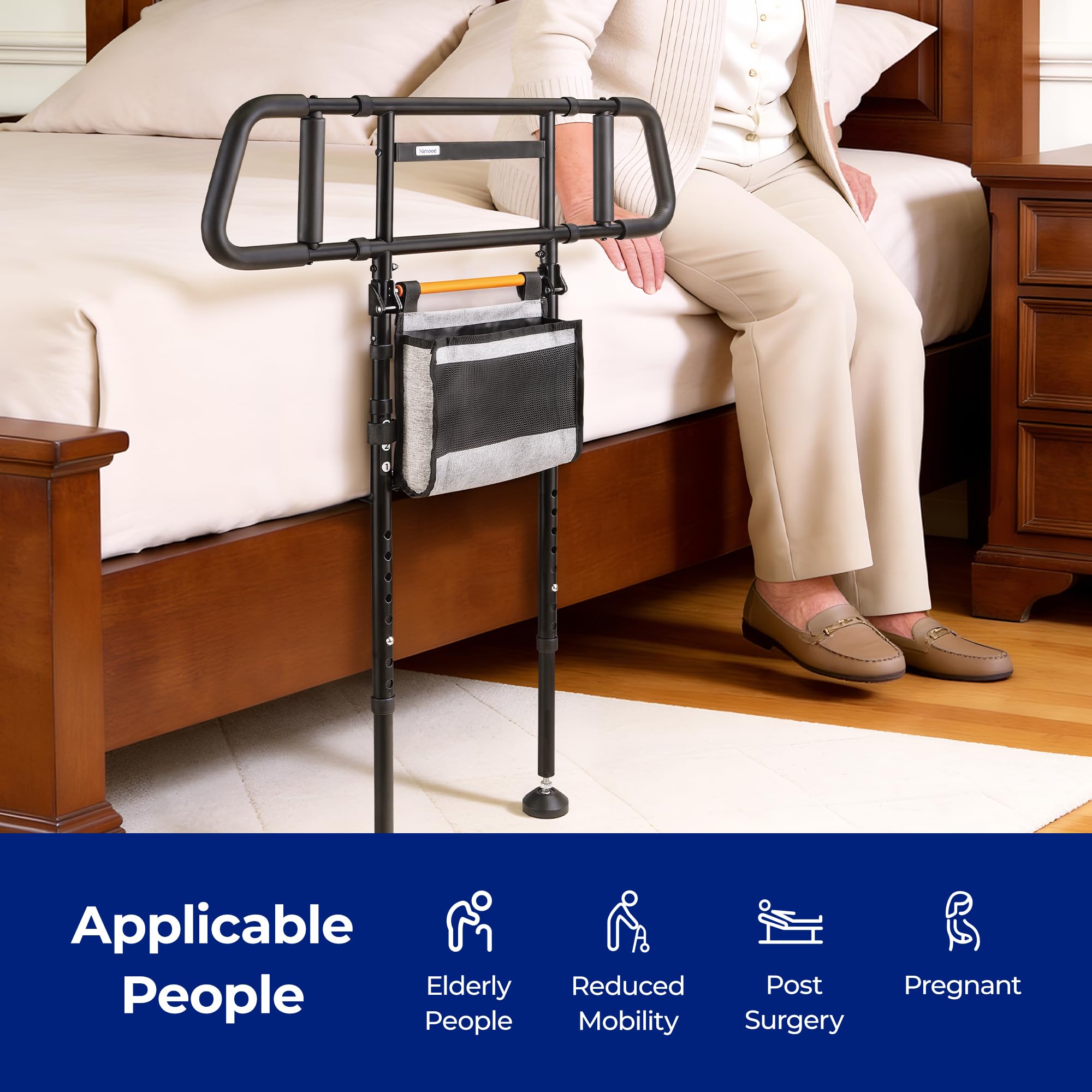 Barandilla de cama para seguridad en el hogar – Riel de cama plegable para personas mayores con luz activada por movimiento y bolsa de almacenamiento, patas de extensión, bastón de cama de