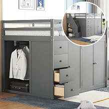 Full Size Loft Bed with Built-in Wardrobes, Cabinets and Drawers, Gray