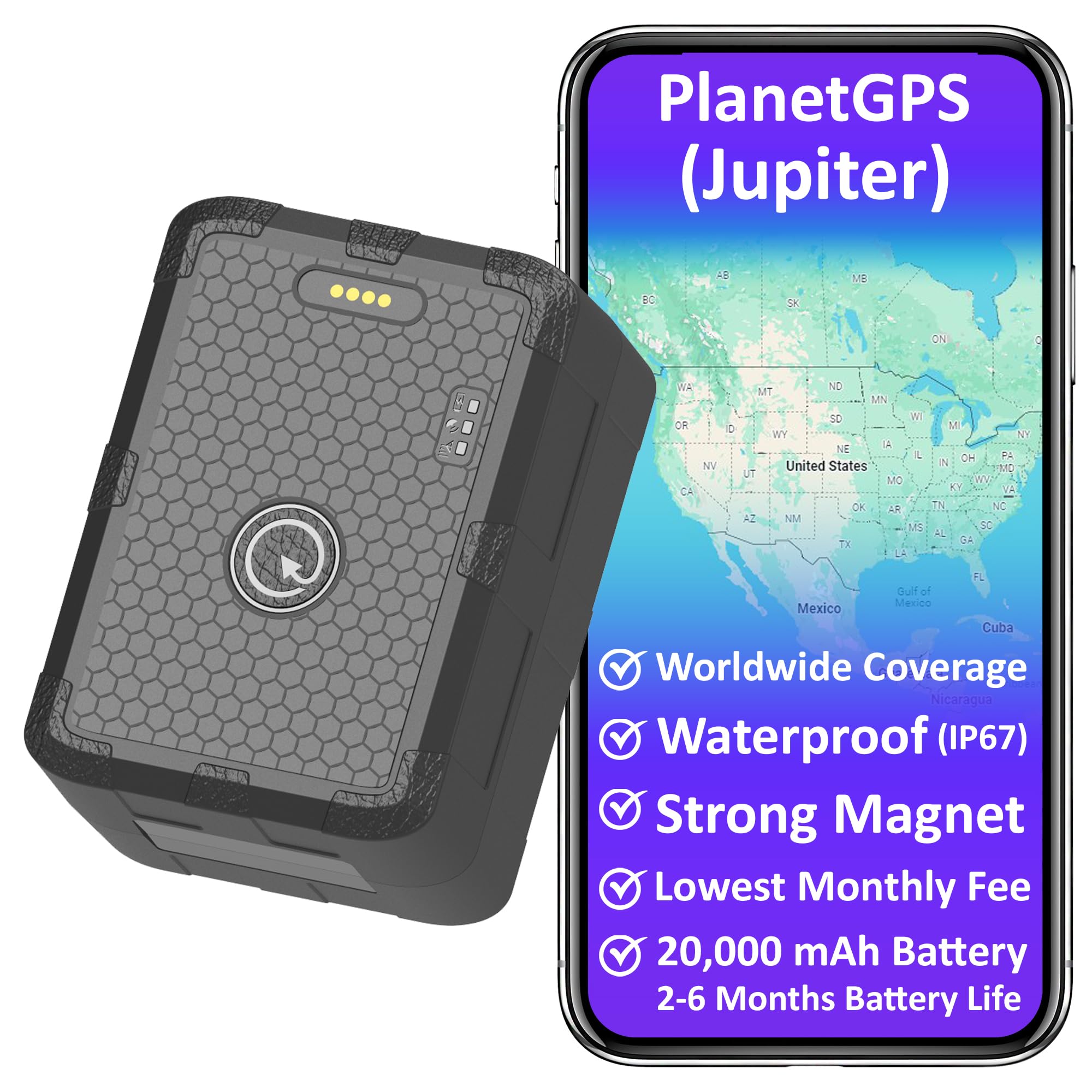 PlanetGPS (Jupiter) - Magnetic Waterproof GPS Tracker for Vehicles GPS Tracker for Cars Trucks with Worldwide Coverage (2 to 6 Months Battery) -