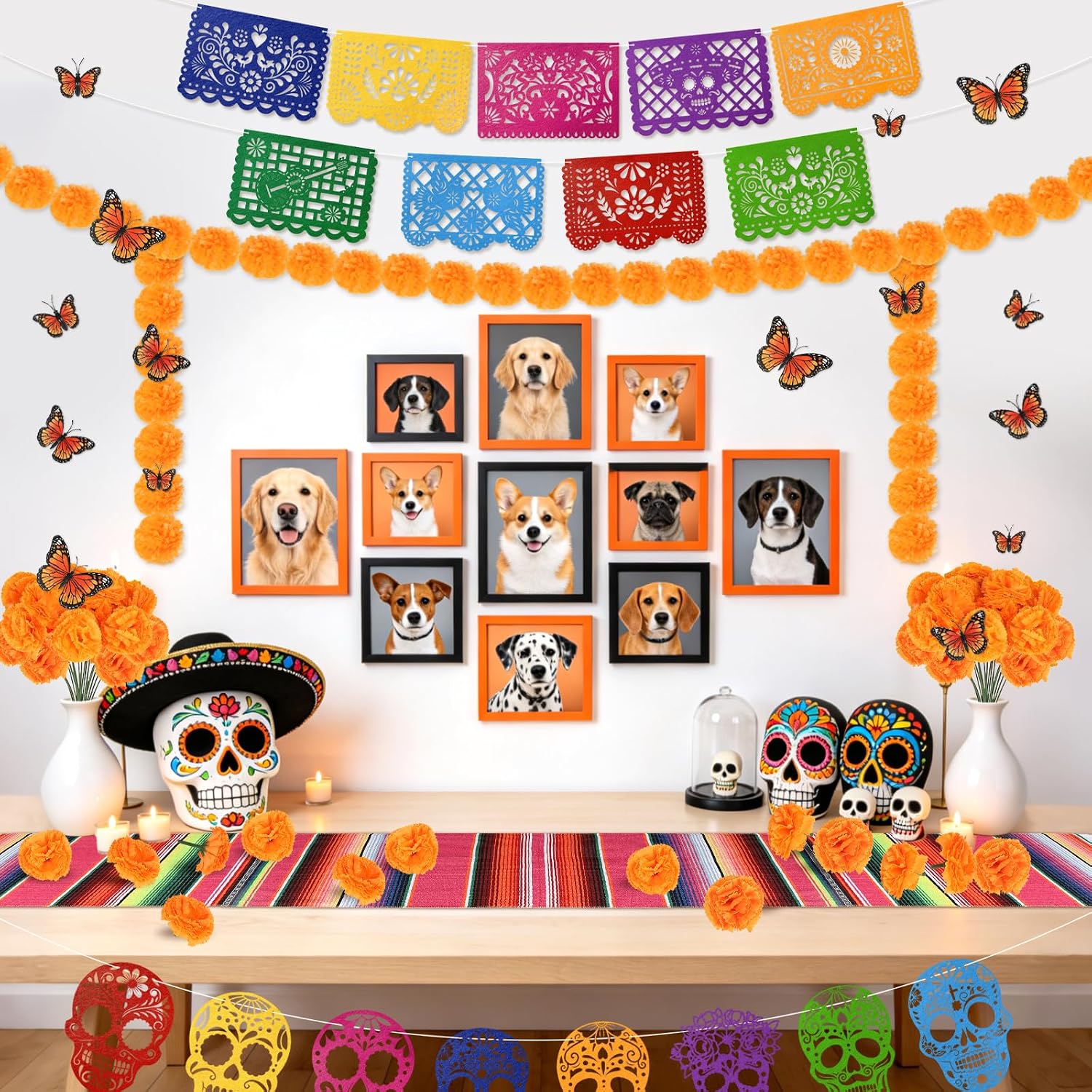 94 Pcs Dia De Los Muertos Decorations Ofrenda Decorations for Altar Day of the Dead Decor Papel Picado Mexican Table Runner Marigold Garland Marigold Flowers Monarch Butterflies Diwali Party Backdrop