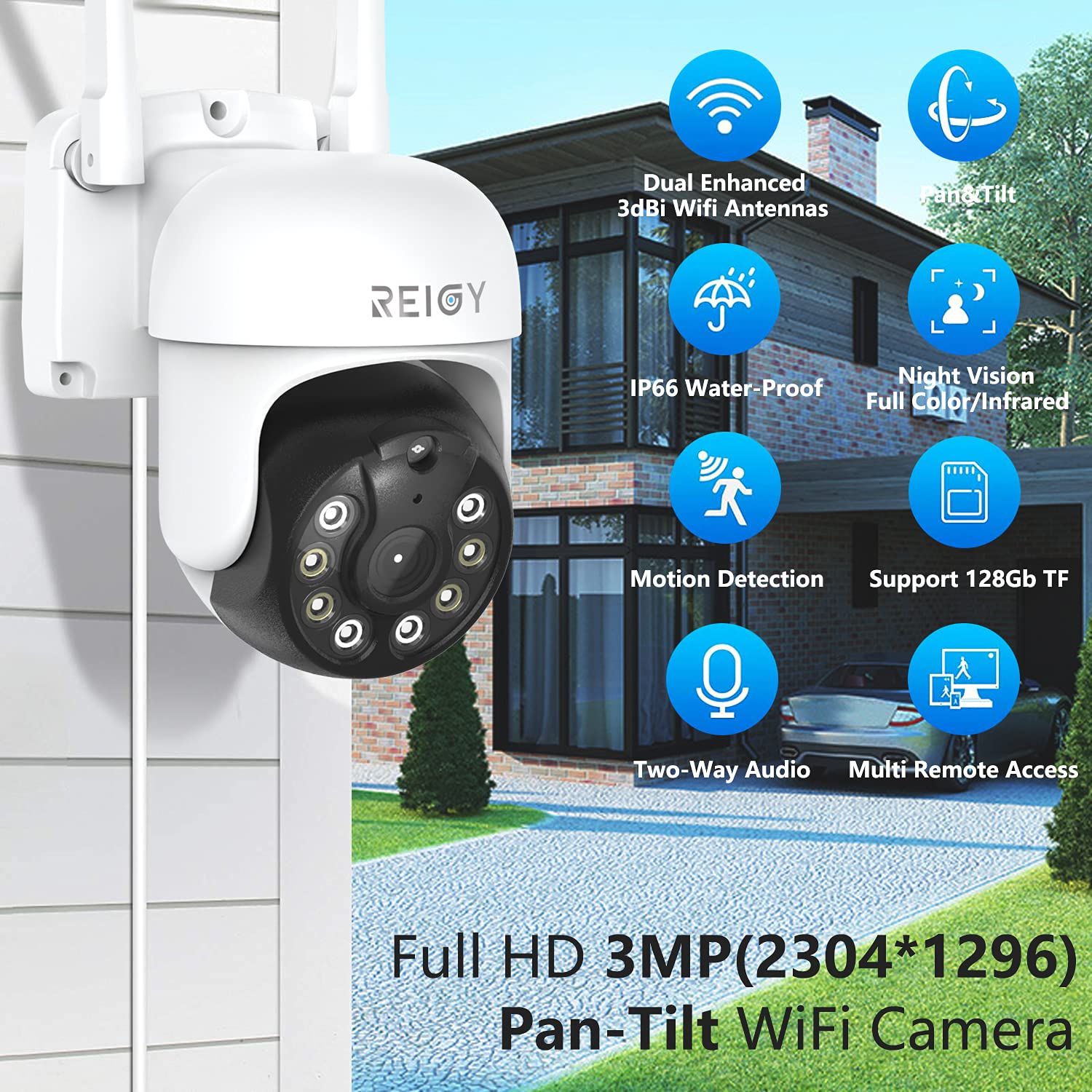 3MP zewnętrzna kamera nadzorująca WiFi 360°, REIGY 1296P IP bezprzewodowa kamera bezpieczeństwa z wykrywaniem ruchu noktowizyjnego w kolorze dwukierunkowym audio, wodoodporna IP66 Wewnątrz