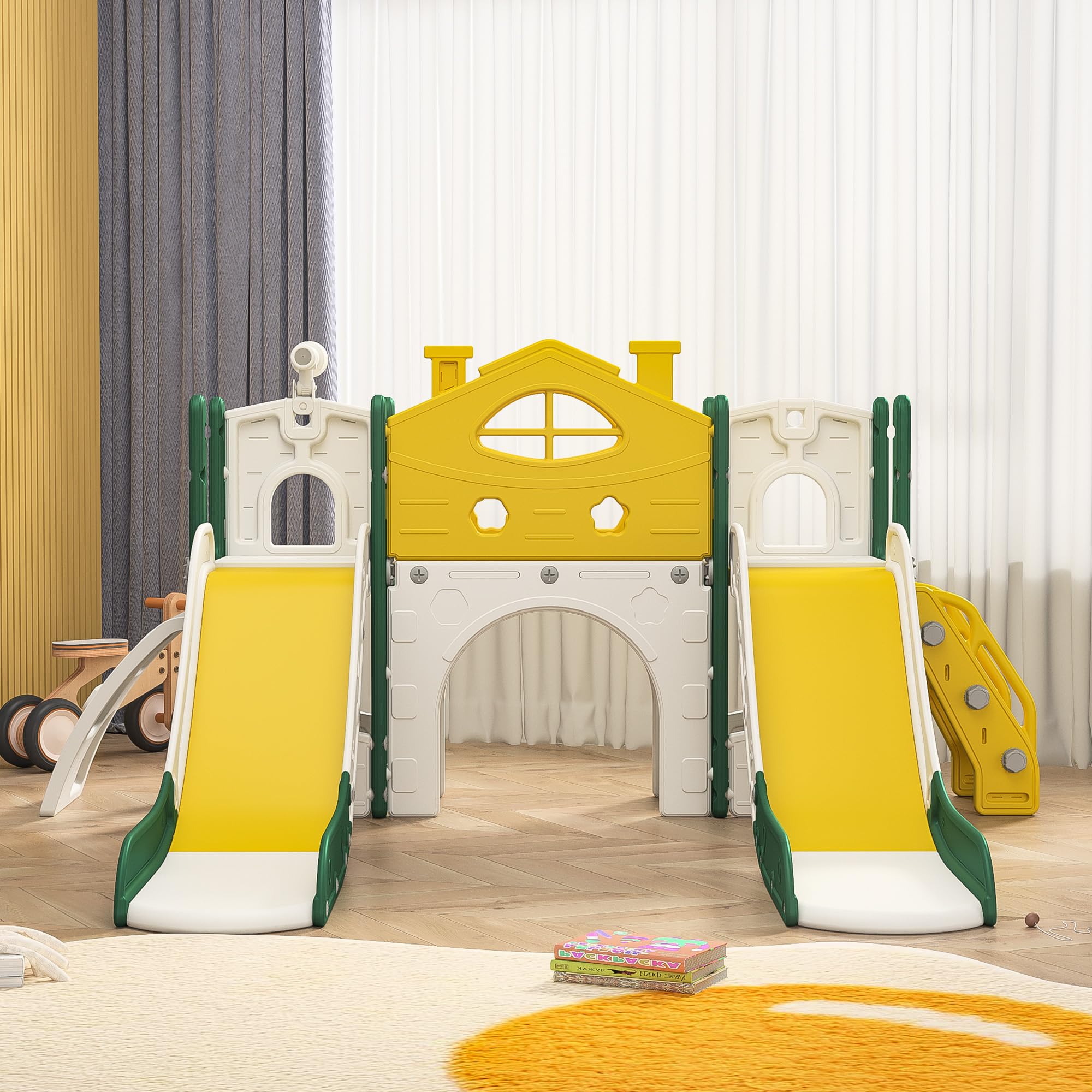 Toboga 7 in 1 per neonati, Toboga per Bambini Interno Esterno con Toboga, passerelle, scale, Strutture da arrampicata, Binocolo, Altalena Toboga autoportante (Giallo-1)