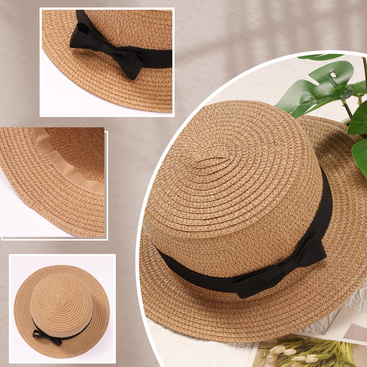 Classic Straw Boater Hat, Skimmer Hat, Flat top Boater hat, Casual Party Church Hat for Men Women - Image 2